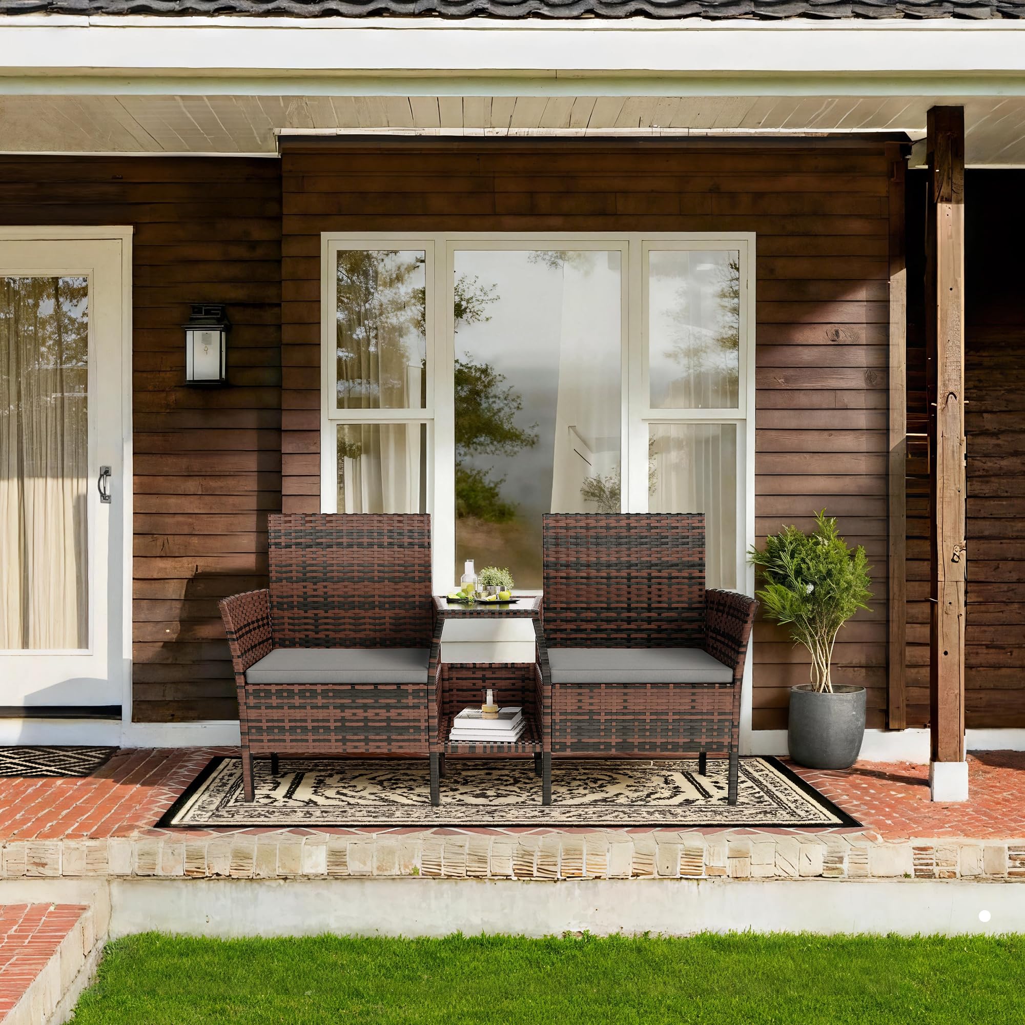 Amopatio Polyrattan Gartenbank, Outdoor Sitzbank mit Tisch & Ablage, Gartenmöbel Rattan Gartensofa, Wetterfest & UV-beständig Balkonbank Sitzgruppe für Garten, Balkon, Braun