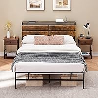 Vista 10 de IDEALHOUSE Base de cama Queen con cabecera de almacenamiento, marco de cama de plataforma de metal, cabecera de madera rústica vintage, base