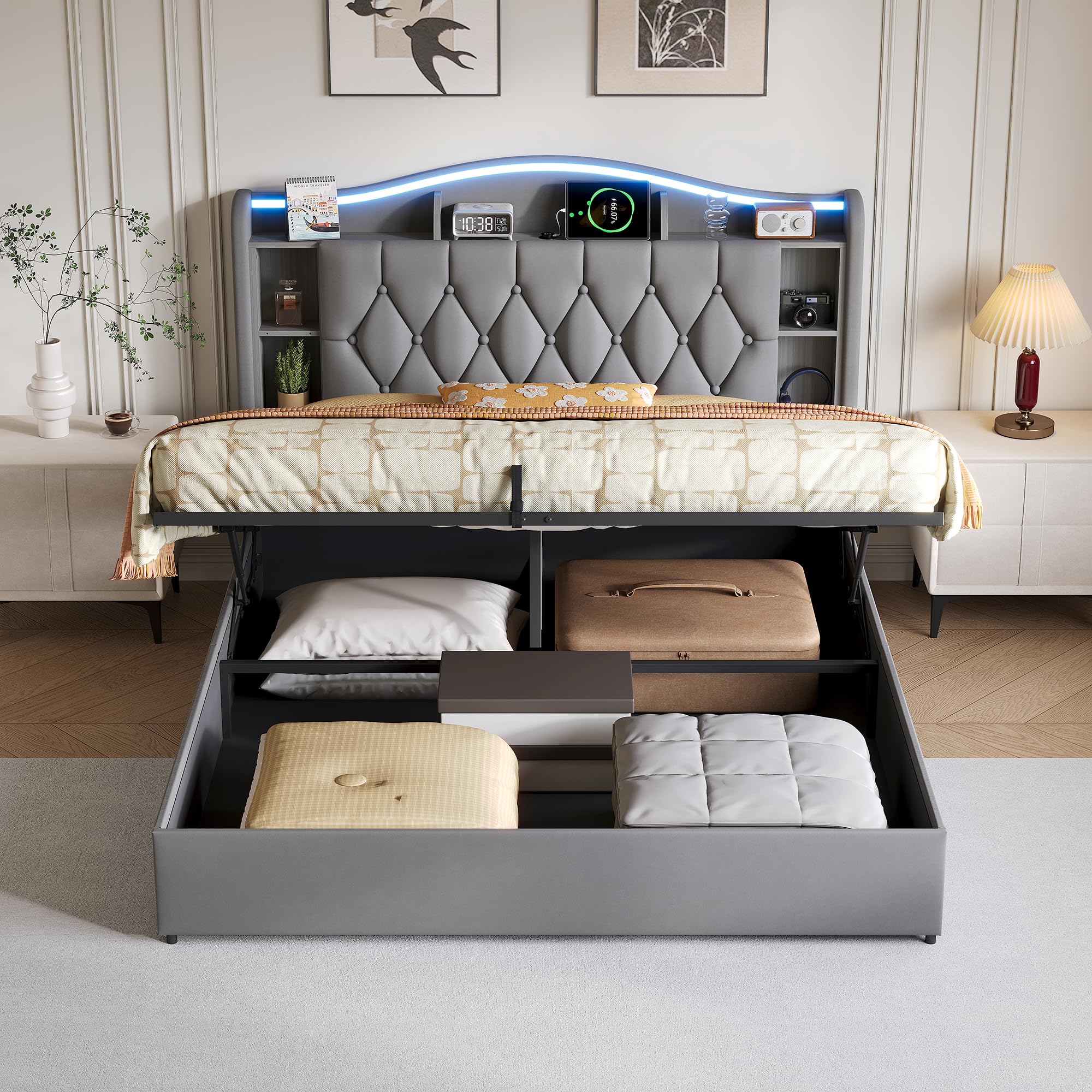 Letto Contenitore Matrimoniale 160x200 cm, Letto Baule con LED e Ricarica wireless, Letto imbottito con Contenitore e Testiera, Rete a Doghe in Legno, velluto, Senza Materasso (Grigio B, 160x200)