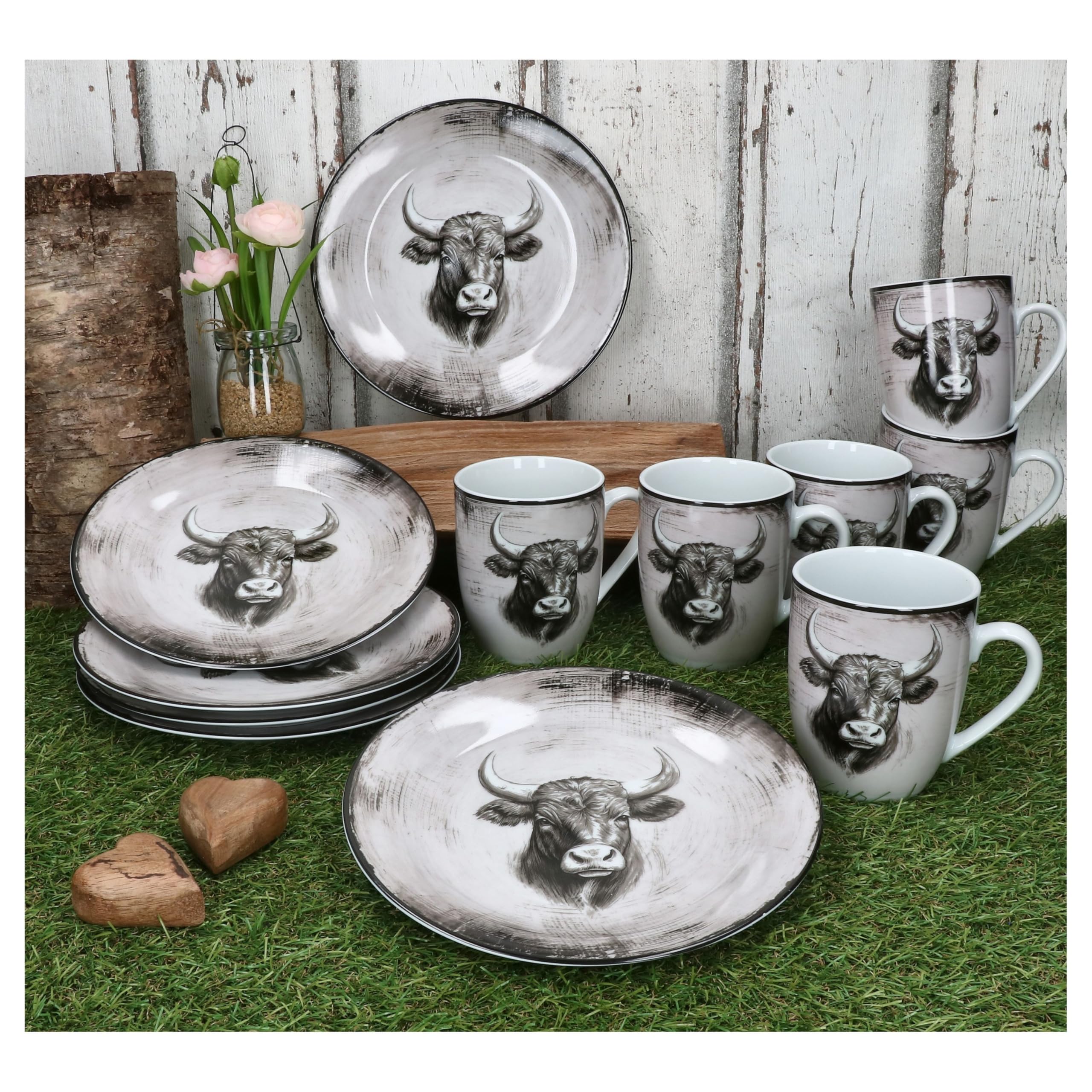 MamboCat Toro 12tlg Frühstücksset I Porzellan-Geschirr mit Kuhmotiv für 6 Personen I je 6x Kaffeebecher 280 ml & Frühstücksteller I rosa-cremefarbener Landhaus-Stil