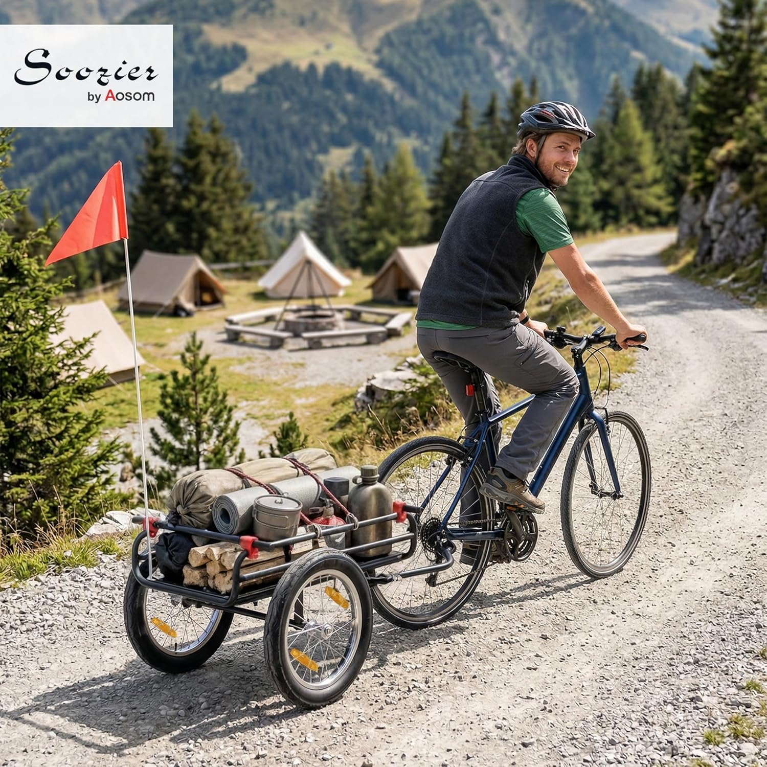 Soozier 2-in-1 Bike Cargo Trailer & Wagon Cart, Multi-Use Bicycle Trailer with Quick Release 16" Pneumatic Wheels, Kickstand, Red Flag, Universal Hitch, Fits 22"-28" Bike Wheels, 132lbs Capacity