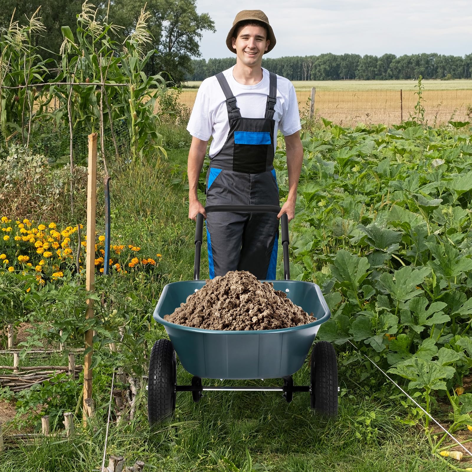 SOARS Schubkarre 100 Liter Volumen, Gartenschubkarre mit 2 Luftreifen, Gummigriff, Schiebkarre Transportkarre, ideal zum Bewegen von Boden, Pflanzenstrauch, Gartengerät, 65 x 145 x 65 cm (Grün)