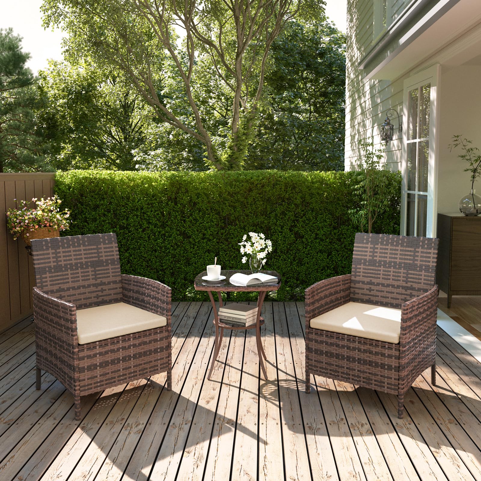 UDPATIO Salon de Jardin Exterieur 2 Fauteuils avec Coussin et 1 Table Basse en Verre trempém, Canapé de Jardin en rotin pour Le Jardin et la terrasse, Marron