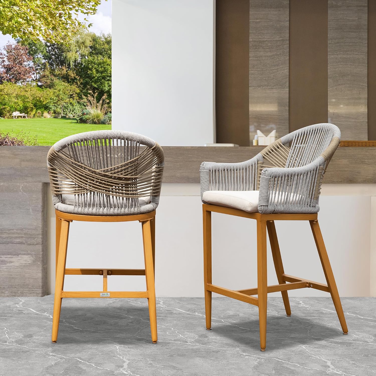 Domi Bar Stools Set of 2 with Arm and Backrest, Outdoor Counter Height Chairs with Cushion, Aluminum Tall Bar Stools Modern Textilene Rope Boho Barstools for Garden, Pool, Patio, Kitchen