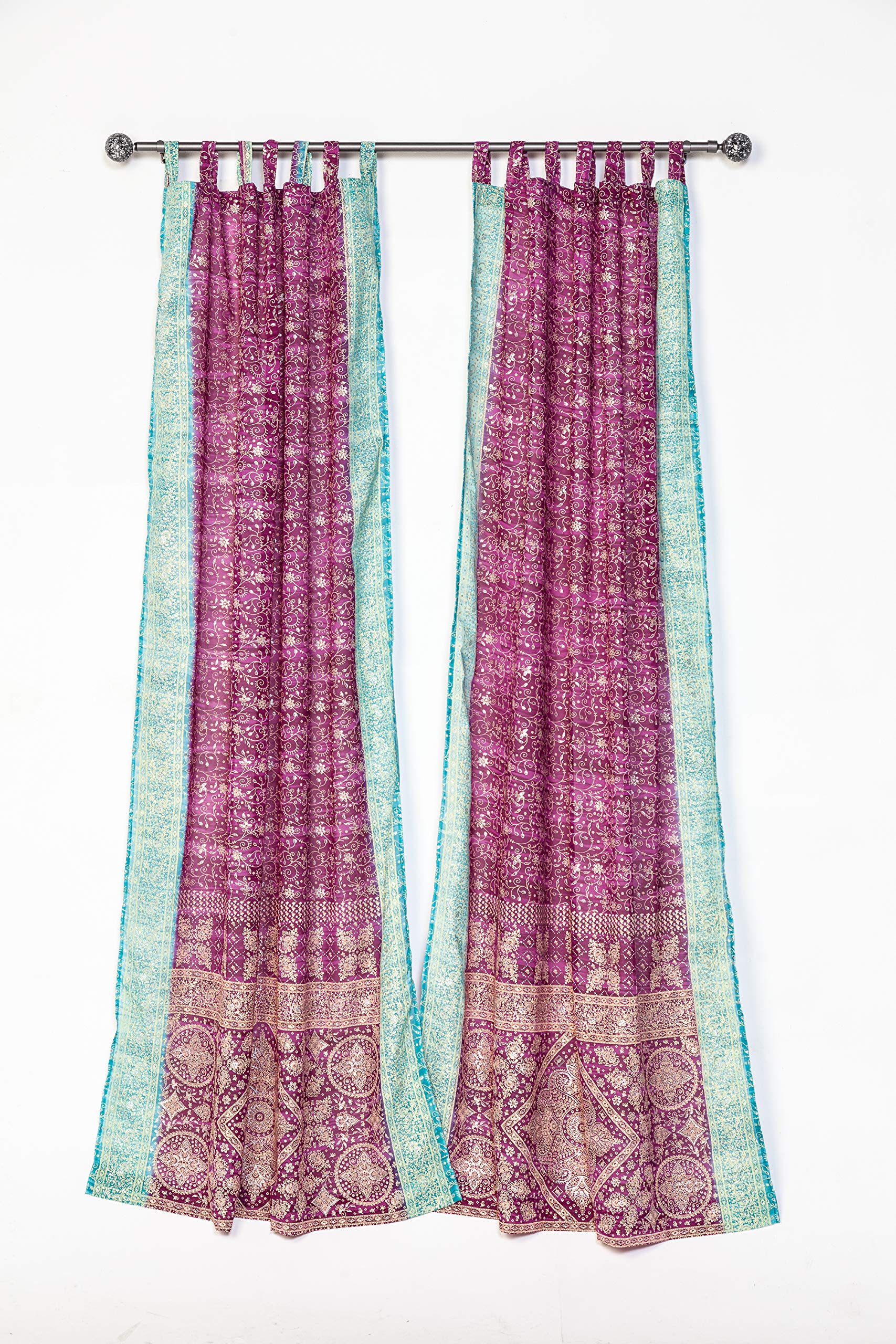 Light-Filtering Sari Colorful Curtains – Boho Curtains, Bed Canopy Panel, Wall Tapestry or Window Treatment For Bedroom or Living room + Tote bag (96"L x 42"W Set of 2, Magenta Aqua)