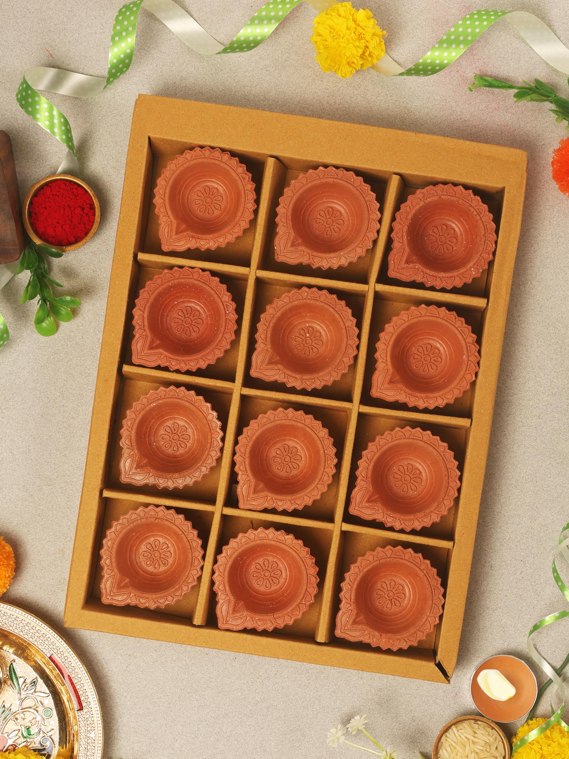 Handmade Terracotta Set of 12 Clay Diya for Diwali/Navratri Decorations Oil Lamp Diwali Clay Diyas Tea Light Holder Indian Festival Diya for Pooja & Home Decorations (Red 2)