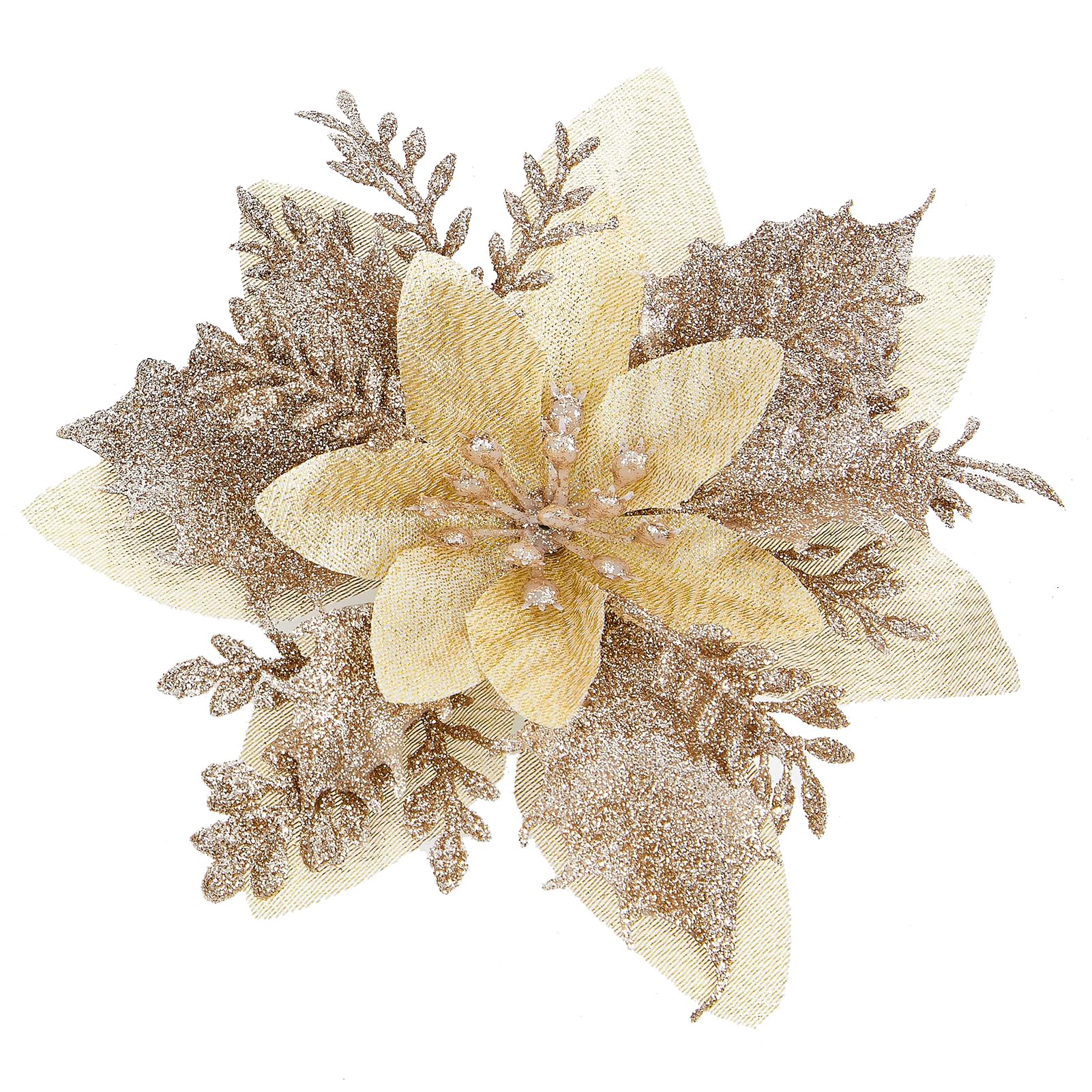 Xmastell Champagne 15Pcs Poinsettia Artificial Flowers Decorations, Glitter Christmas Flowers Ornaments, Christmas Tree Decorations Flowers, With Clips For Xmas/Wreath/Garland Decor, 14Cm Chamagne