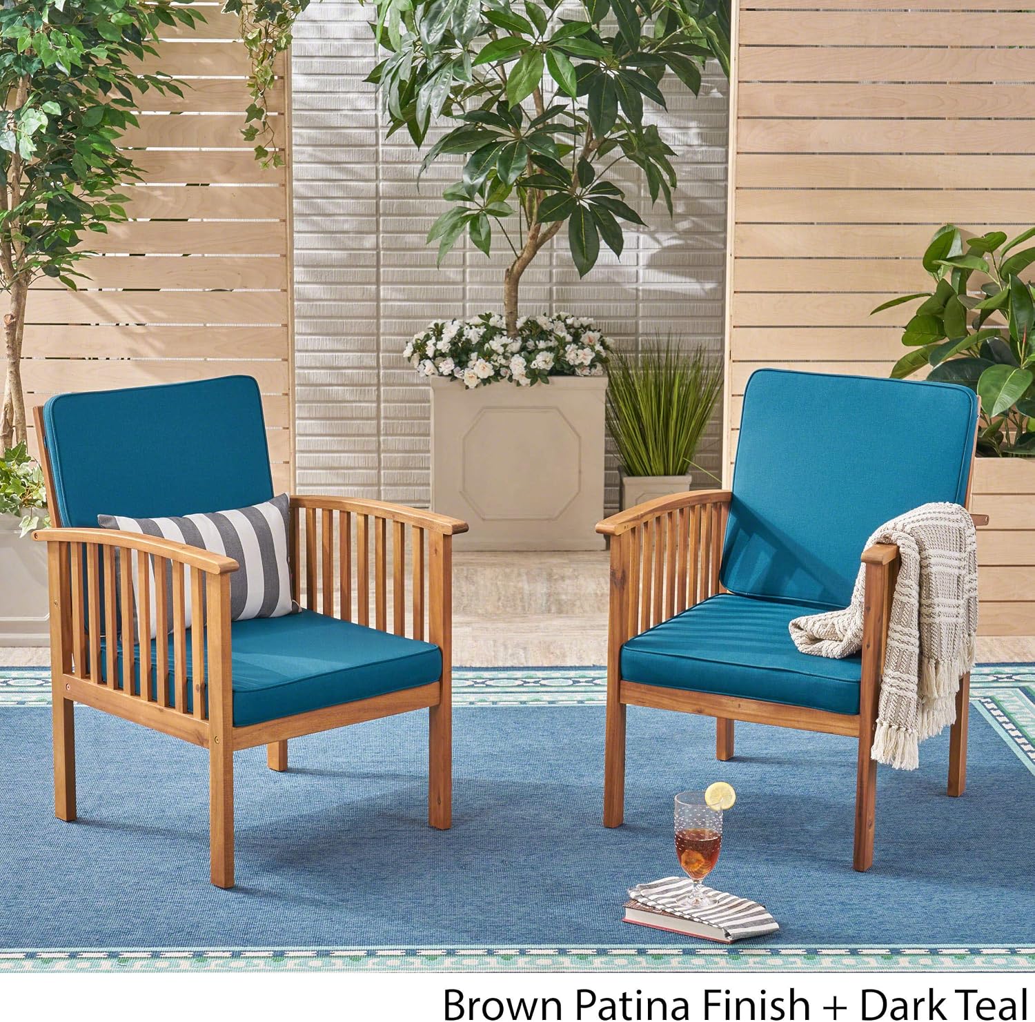 Great Deal Furniture Ray Acacia Outdoor Acacia Wood Club Chairs, Brown Patina and Dark Teal (Set of 2), (306224)