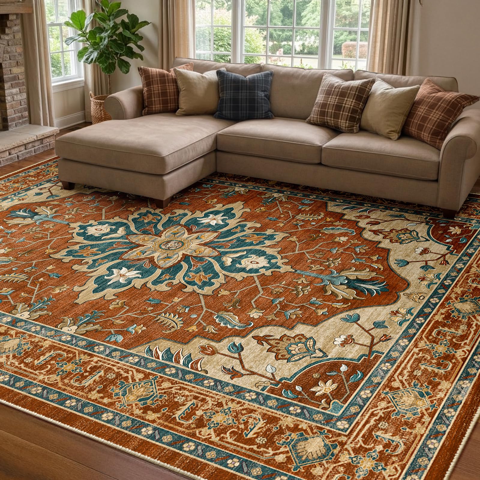 Photo 1 of RELEANY Area Rugs 8'x10' Washable Non-Slip, Floral Vintage Distress Medallion Carpet for Living Room Bedroom Dining Room, Red Orange Blue Brown