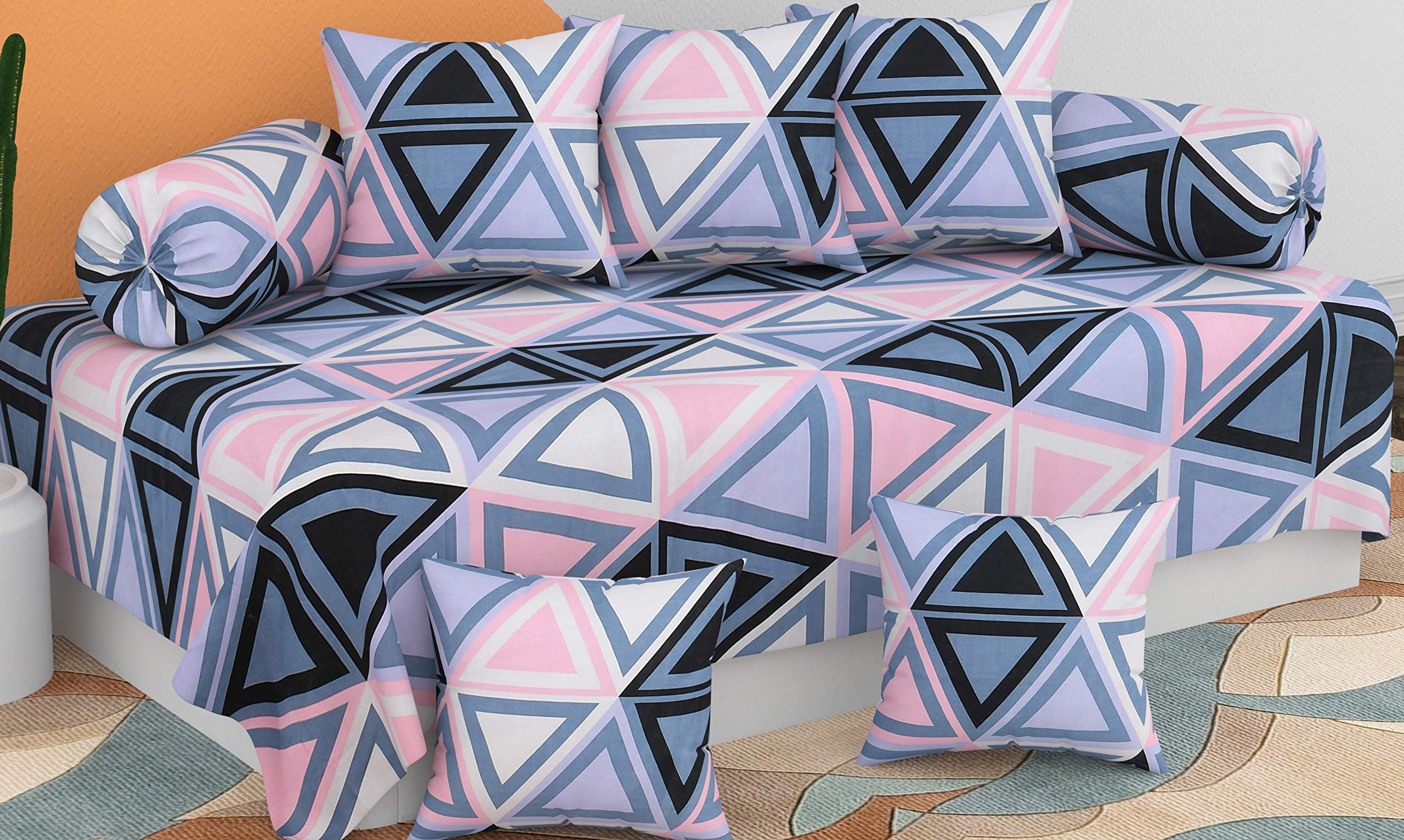 BEVI - Home Printed Microfiber Printed Diwan Set 8 Pieces, 1 Single bedsheet, 5 Cushions Covers and 2 Bolster Covers- (Pink)-picture-31