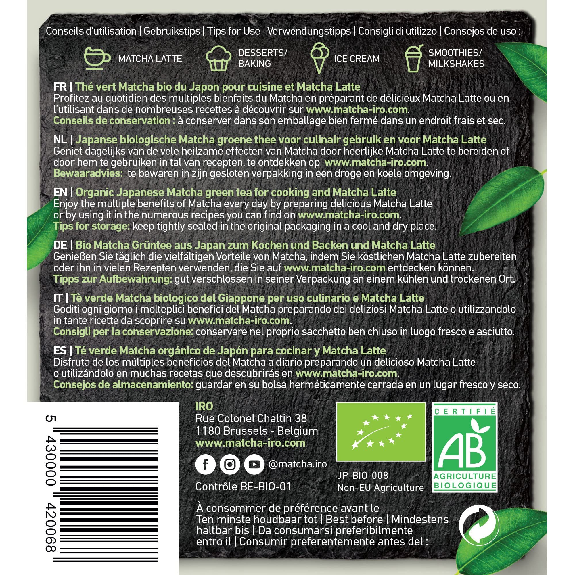 IRO Té Matcha Japonés Ecológico Premium Culinario 100g Polvo