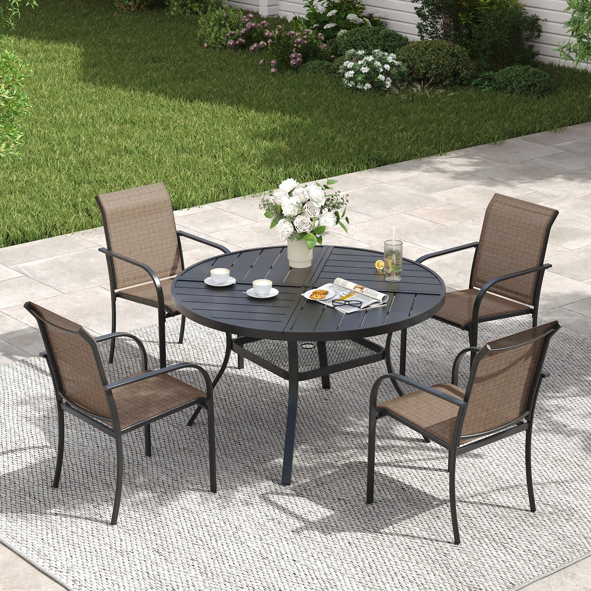 VICLLAX Patio Table and Chair Set of 4, All Weather Metal Round Outdoor Dining Furniture Set-40.6" Round Outdoor Table and Chairs, Black Tabletop