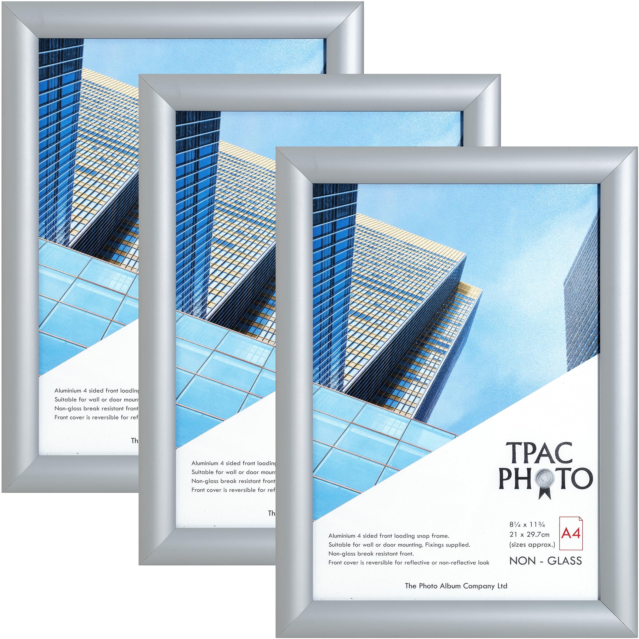 The Photo Album Company Limited Silver | Snap A4 Frame Pack Of 3, 21X30cm, Acrylic Front | Easy Wall Mount, Non-Glass, Lightweight | Display Posters, Certificates, Photos