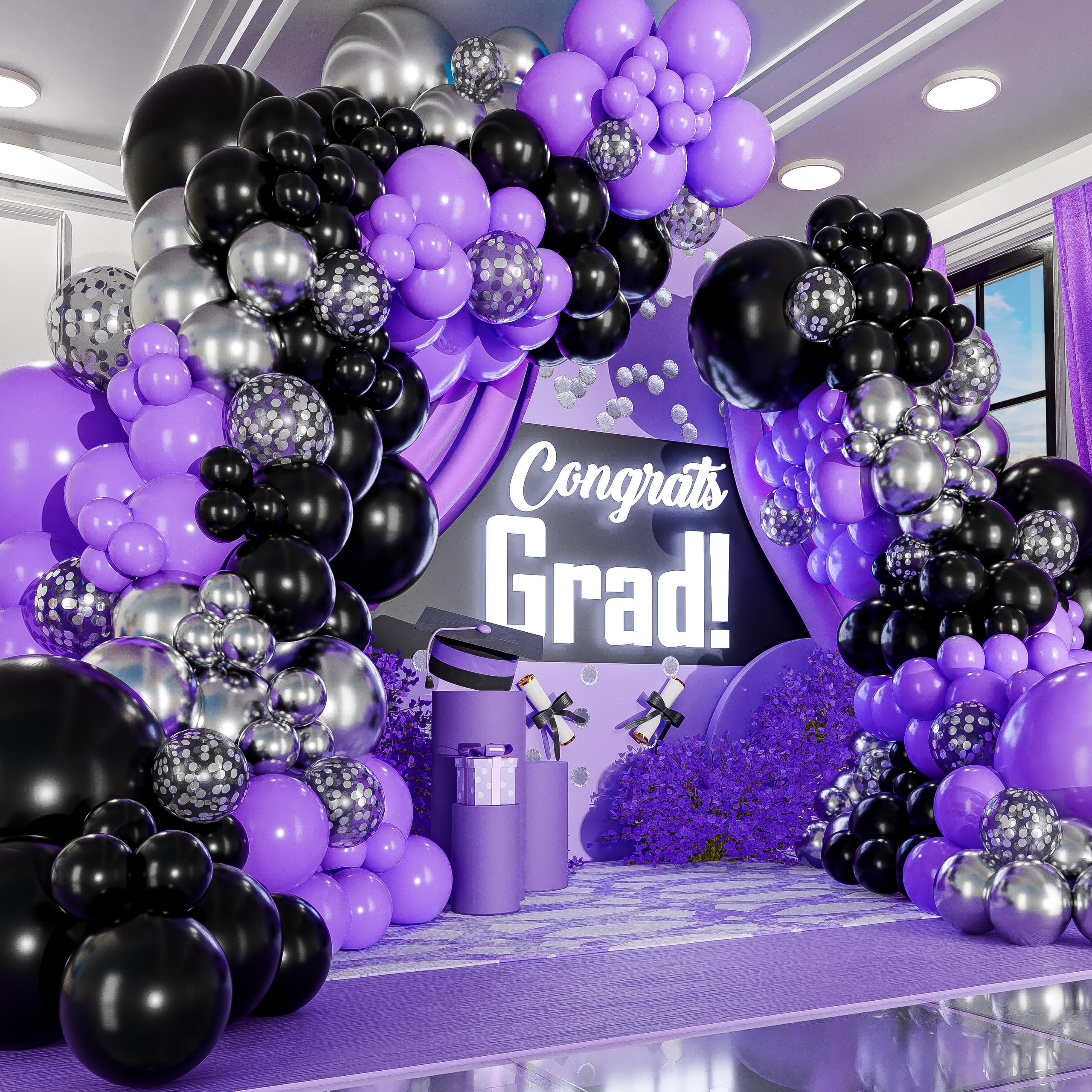 ALL-IN-1 Purple and Black Balloons Garland & Arch Kit – Small and Large Purple Black and Silver balloons – Party Decorations & Supplies for Graduation