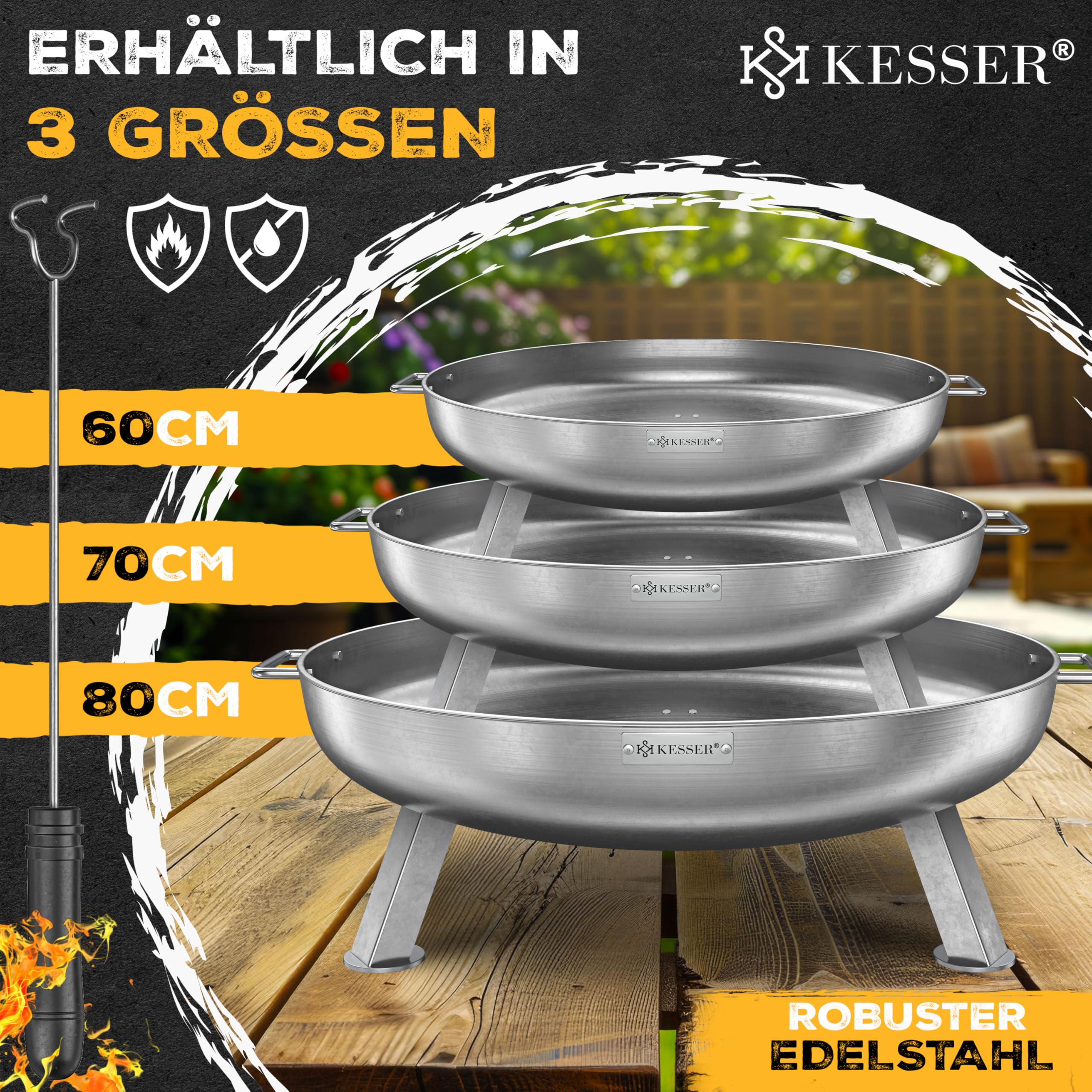 KESSER® Brasero en acier inoxydable 2,5 mm d'épaisseur Diamètre : 70 cm 42 cm Crochet en fonte 2 poignées solides Pour feu de camp, jardin et terrasse