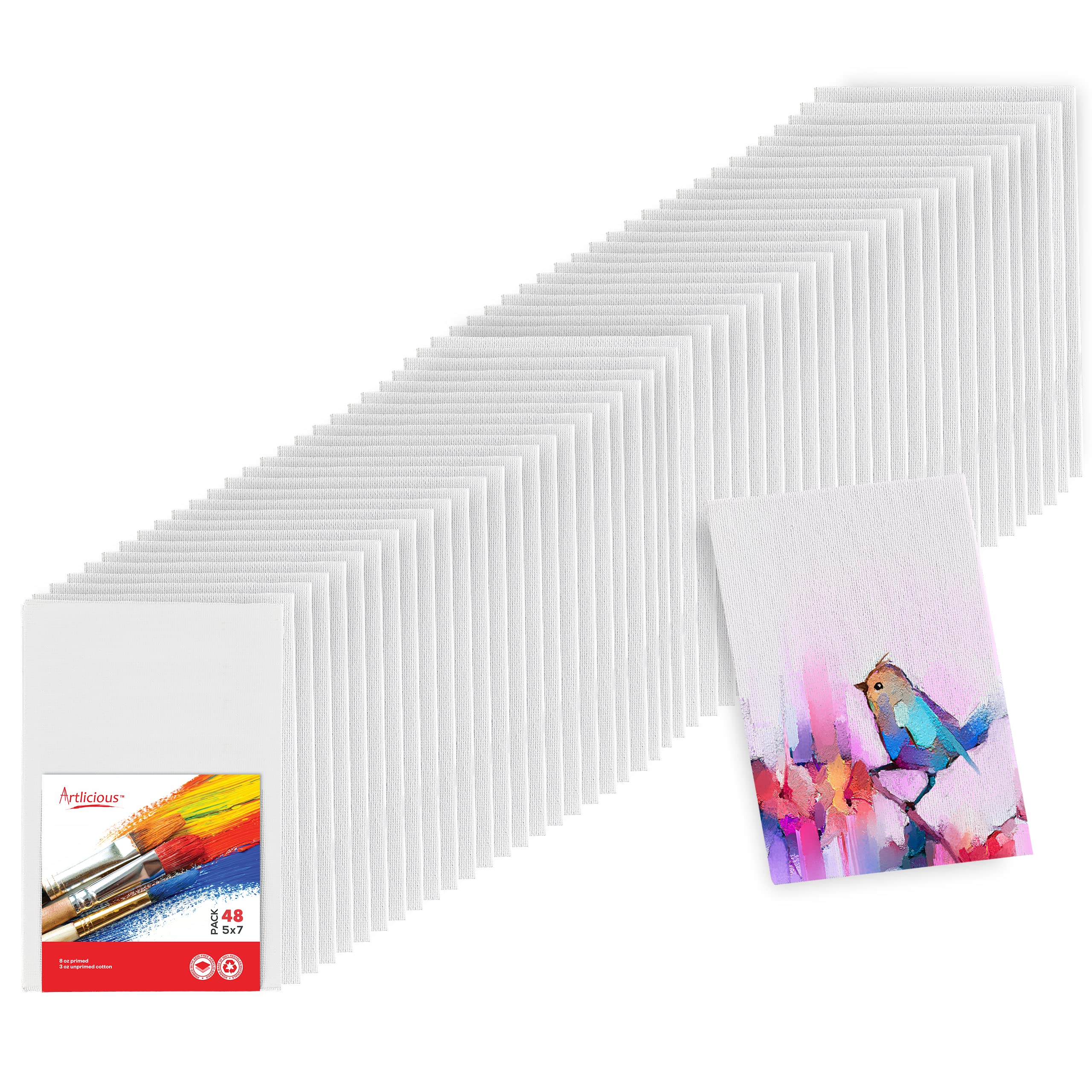 Artlicious Canvases for Painting - Pack of 48, 5 x 7 Inch Blank White Canvas Boards - 100% Cotton Art Panels for Oil, Acrylic & Watercolor Paint