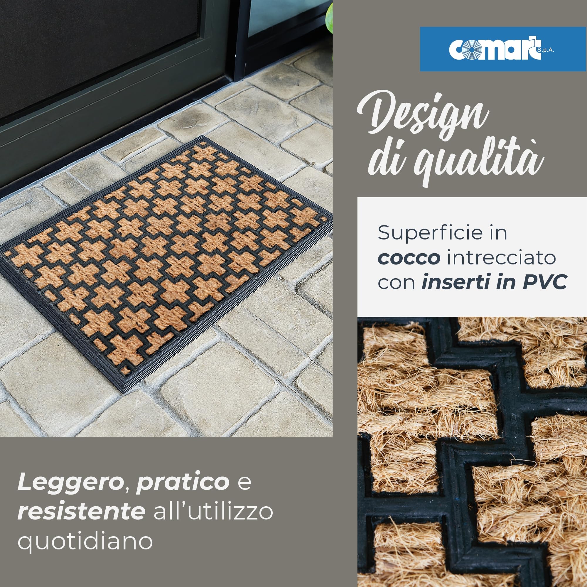 Comart - Zerbino Capitol - 40x60 cm - Zerbino in Cocco con Disegni in Gomma - Tappeto per Ingresso Esterno e Interno - Fondo Antiscivolo Gommato - Facile da Pulire - Rettangolare - Design Cross