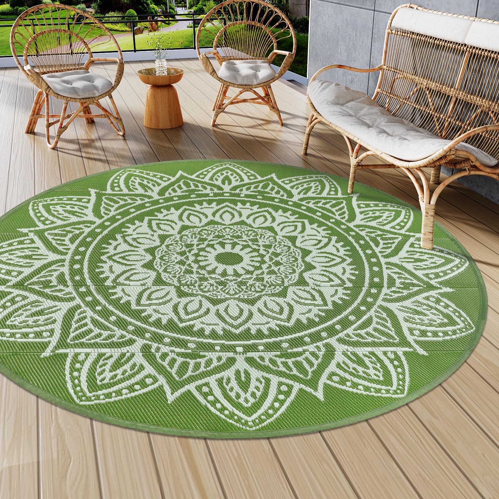 Famibay Outdoor Rug Round 180CM Garden Rugs Outdoor Waterproof Plastic Straw Garden Mat Carpet UV Resistant Reversible Outside Patio Rugs for Balcony Deck Backyard Porch Beach BBQ