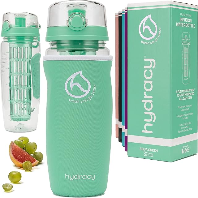 Hydracy Fruit Infuser Water Bottle - 1Litre Sport Bottle with Insulating Sleeve, Time Marker and Full Length Infusion Rod + 27 Fruit Infused Water Recipes eBook Gift -Your Healthy Hydration Made Easy