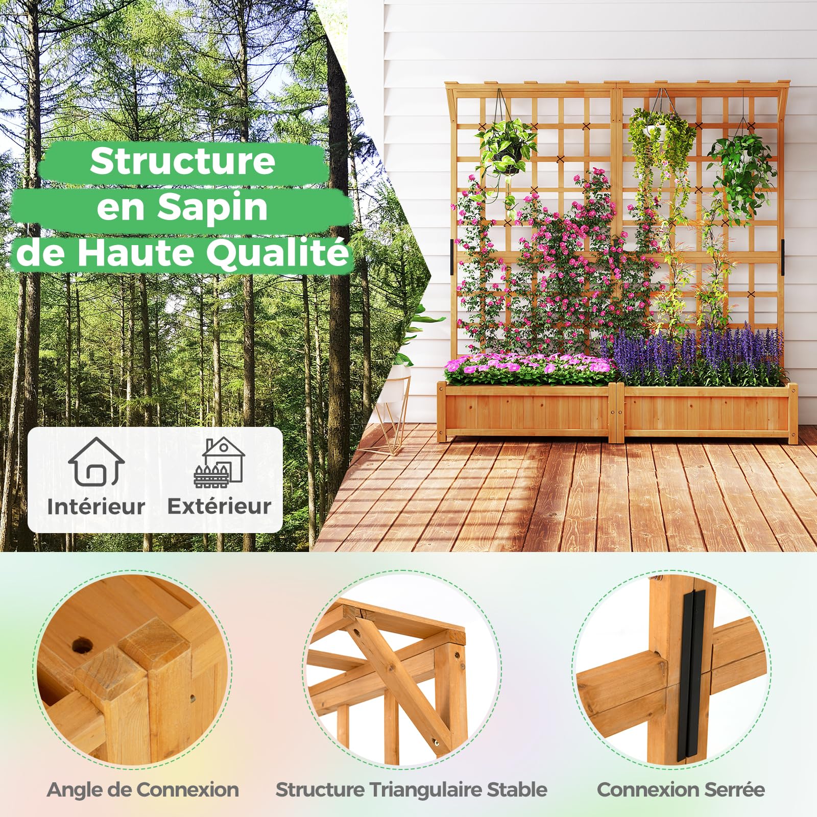 RELAX4LIFE Jardinière Surélevée avec Treillis 183CM, Jardinière sur Pied en Bois avec 4 Trous de Drainage, Conteneur de Plantes Vertical Pourvignes Grimpantes, Naturel