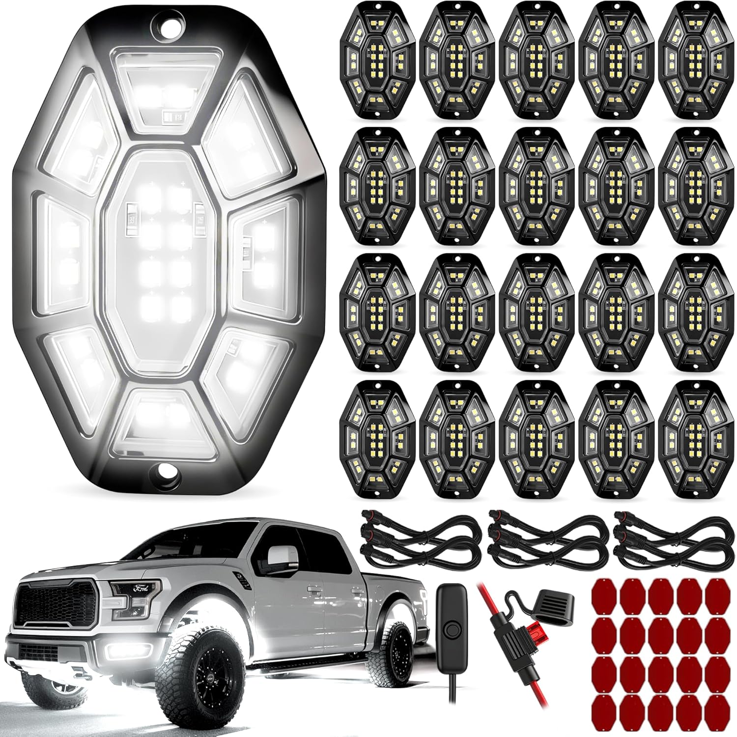 20 Pods 540 LED 9 Sides Pure White Rock Lights Kit with Switch Wiring Harness, 6500K 5050 SMD LED Underglow Lights, IP67 Waterproof Plug & Play Rock Lights for Trucks Offroad ATV UTV SUV(Patented)