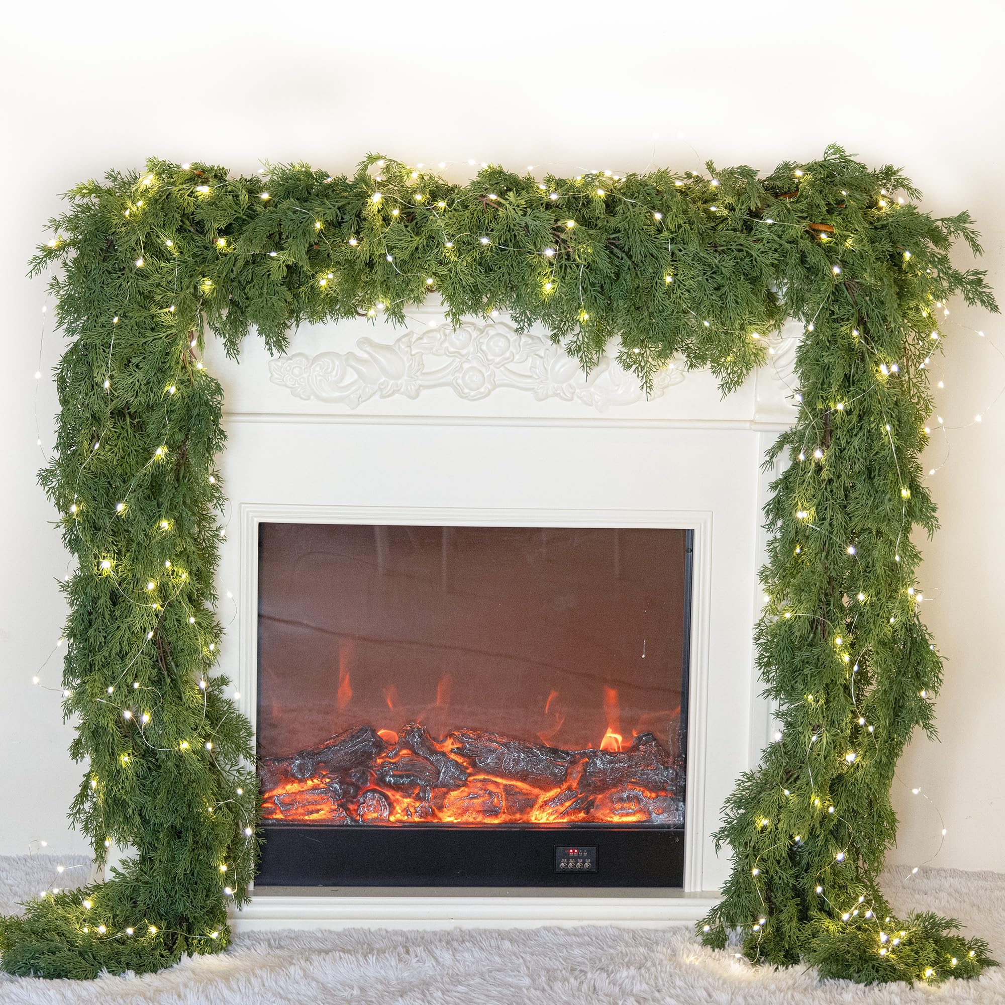 6FT Christmas Garland PARTY JOY Cedar Garland with 9.8FT LED String Lights, Greenery Plant for Christmas Decorations Table Mantle Background Wall Room Outdoor Indoor Winter Decoration