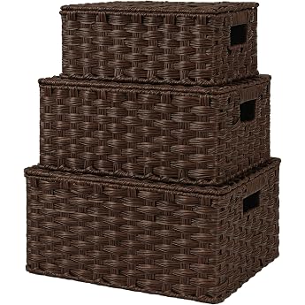 GRANNY SAYS Storage Basket with Lid Set of 3 Decorative Storage Basket Braided Basket with Handles Brown Basket Braided Large Heavy Duty Shelf Basket for Bathroom Living Room Kitchen