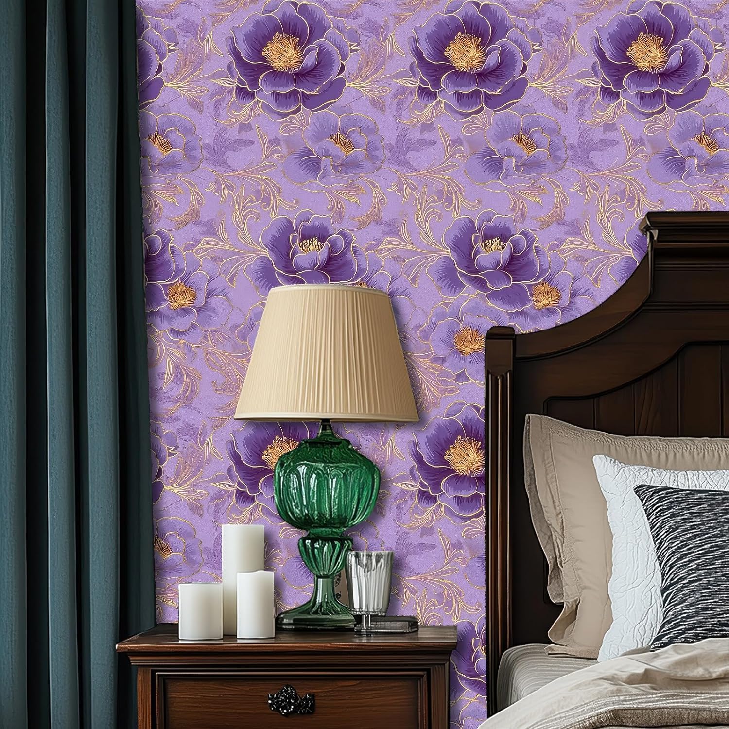 HOMETITUTE Purple Floral Wallpaper Peel and Stick Gold Line Flower Contact Paper Wall Paper Stick 17.7" x 118.1" Self Adhesive Vinyl Wall Covering for Bedroom Vanity Accent Decor