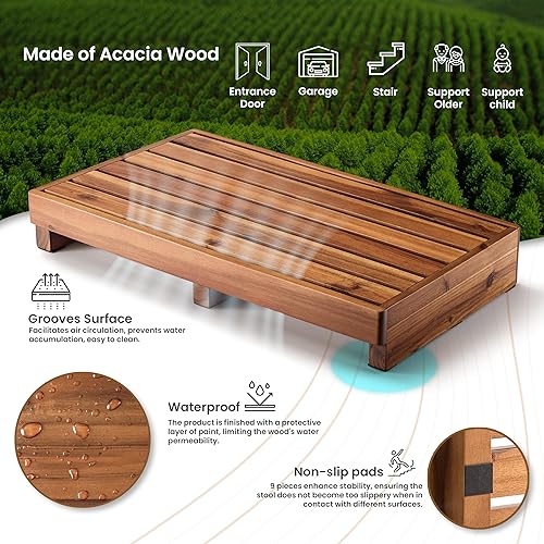 Miniatura 3 de TINAMO Taburete de Un Paso de 3.5" para Ancianos, Taburete Elevado de Madera de Acacia para Cama - 550 Lbs Taburete de Movilidad de Madera para