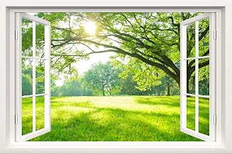 Fake Window Wall Decal - Green Forest Scene Faux Window Wall Mural for Home Decor, Peel and Stick Wall Sticker, 24" x 16"