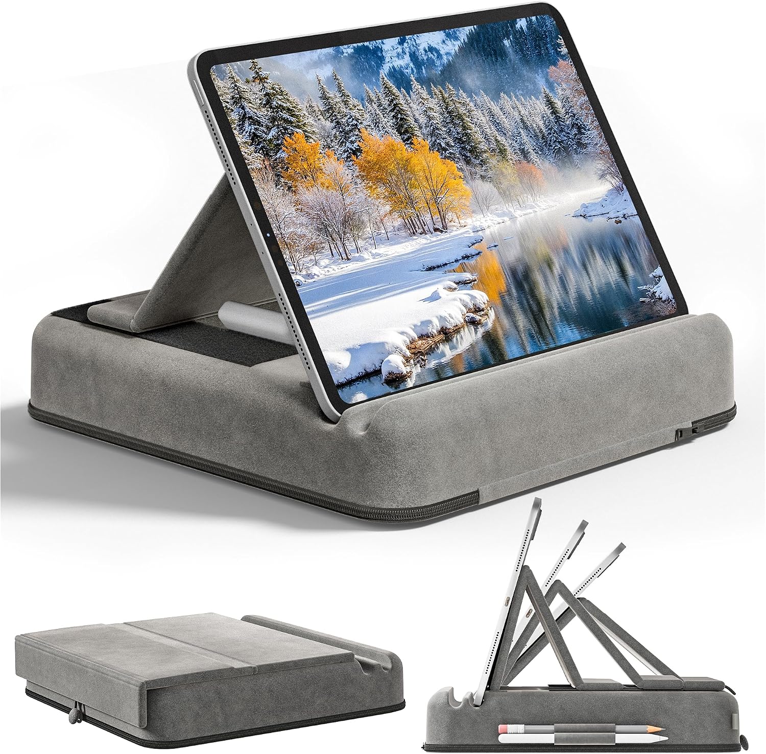 Tablet Pillow Stand, Multi-Angle Foldable iPad Holder for Bed, Sofa, Desk, Lap, Soft Pad Dock with Storage Pocket & Stylus Mount, for 4.7-13" Devices iPad,iPhone,E-Reader,Books (Grey)