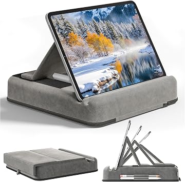 Tablet Pillow Stand, Multi-Angle Foldable Tablet Holder for Bed/Sofa/Lap, Soft Pad Dock with Storage Pocket & Stylus Mount, Compatible with iPad,iPhone,Kindle,E-Reader 4.7-13"DevicesGrey