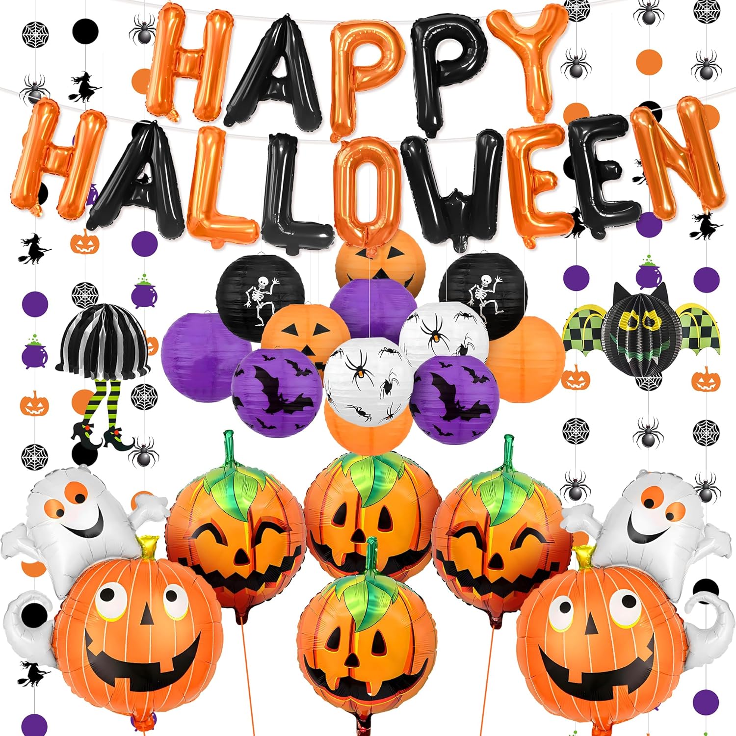 Katchon, Halloween Lanterns and Balloon Banner Set | Pack of 15 Hanging Paper Lanterns | Pack of 7 Spooky Balloons Pumpkin, Ghost, Boo | Halloween Party Decorations Indoor and Outdoor Decoration