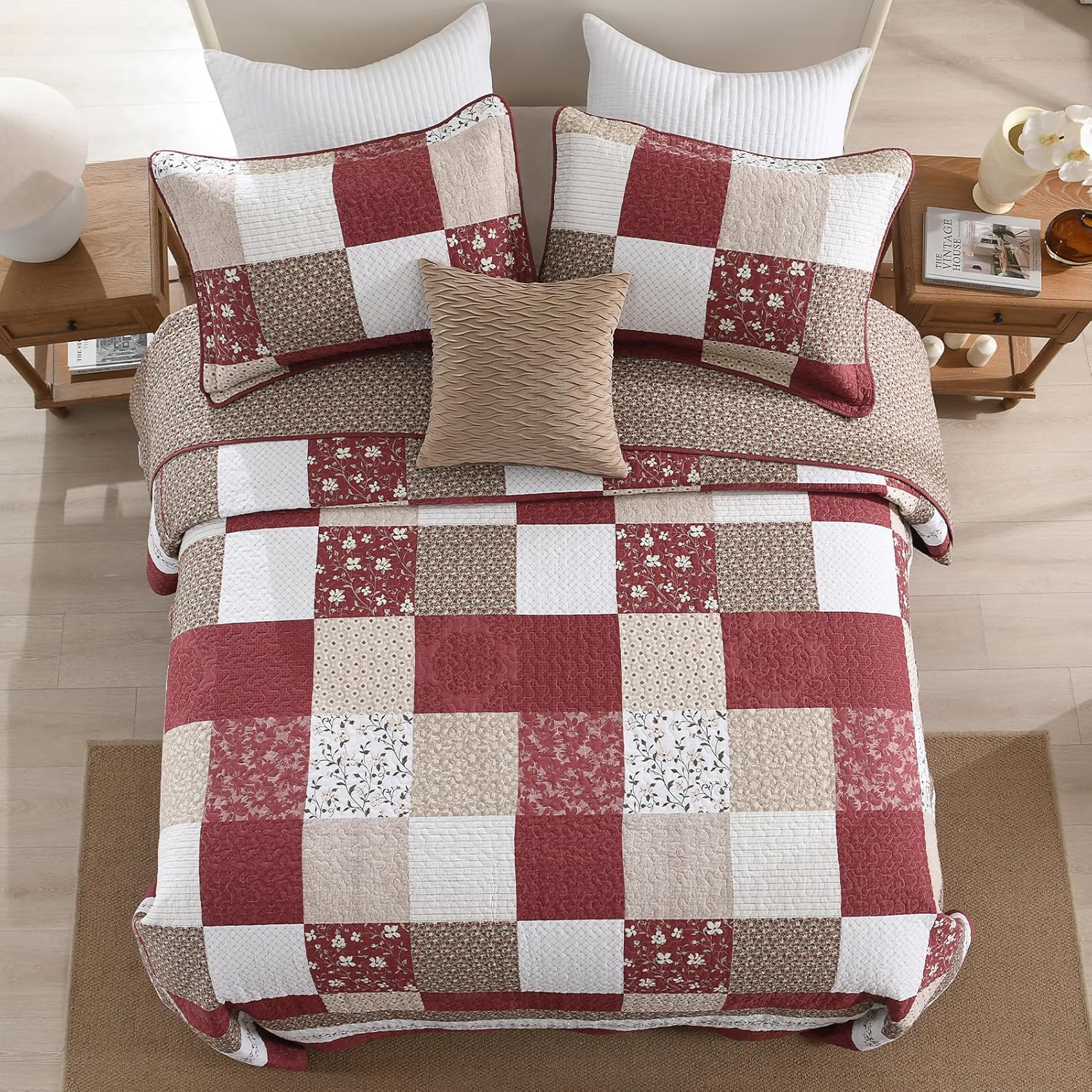 100% Cotton King Bedspread 120"x120", Oversized Quilt Set, Extra Wide Bedspread Coverlet, Plaid Floral Pattern, Lightweight Quilted Reversible Bedding Set, 3 Piece, Cream/Burgundy