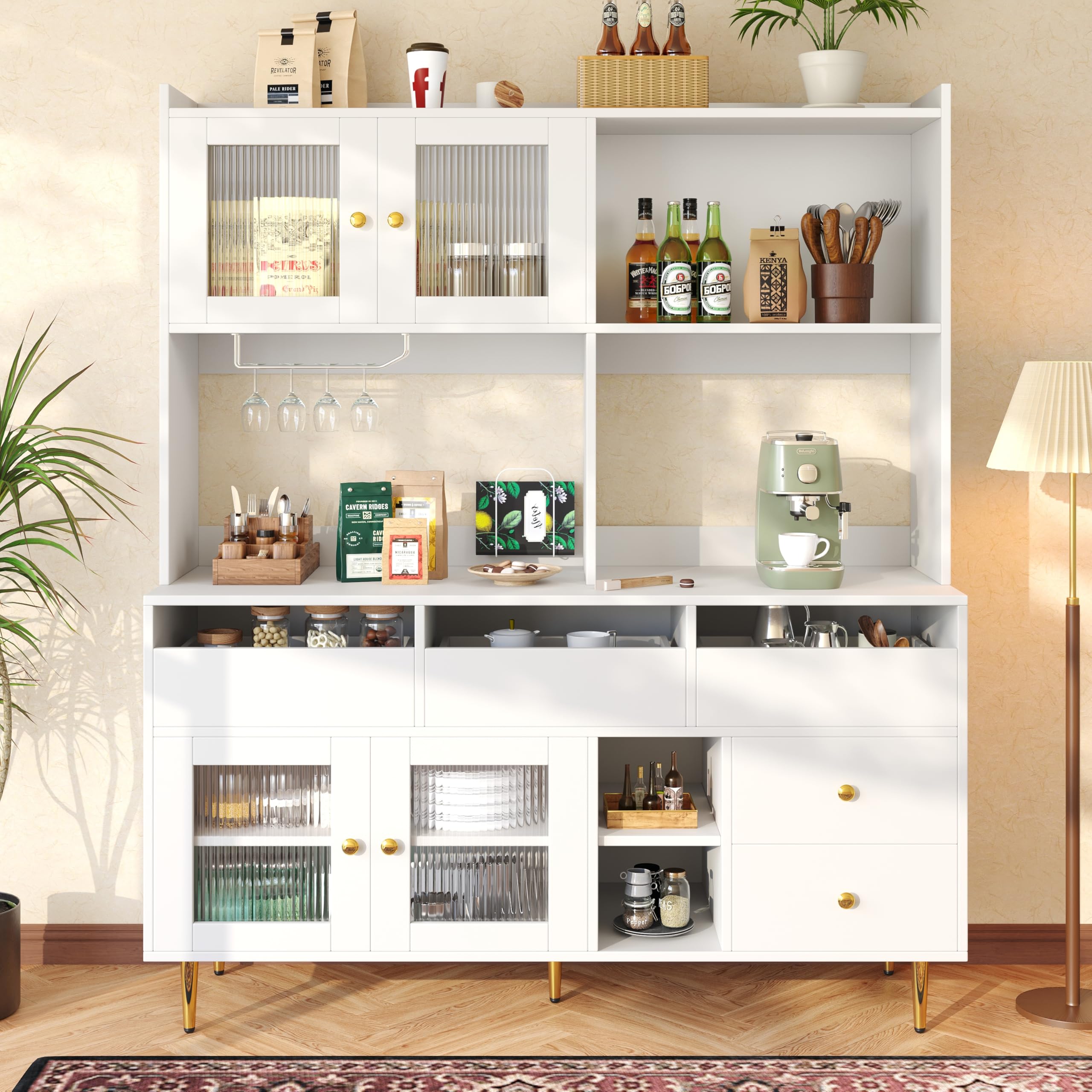 BTM Tall Cabinet with Doors & Shelves Freestanding Kitchen Cupboard with Wine Rack, LED for Dining Room, Restaurant White