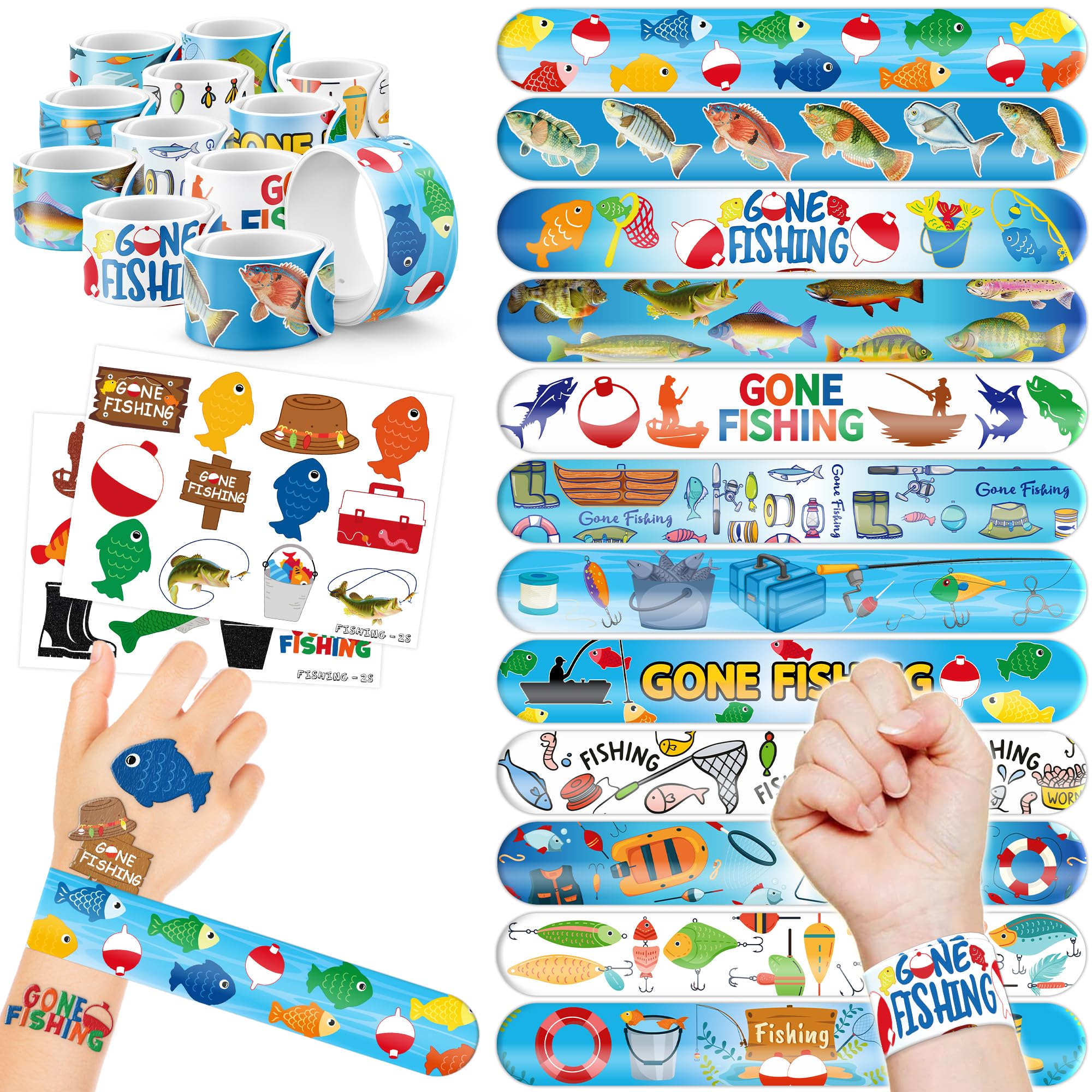 48PCS Gone Fishing Party Favors - 24PCS Tattoos & 24PCS Slap Bracelets - Fishing-Themed Birthday Supplies, Decorations, Classroom Prizes, Carnival Rewards, Gifts for Boys & Girls