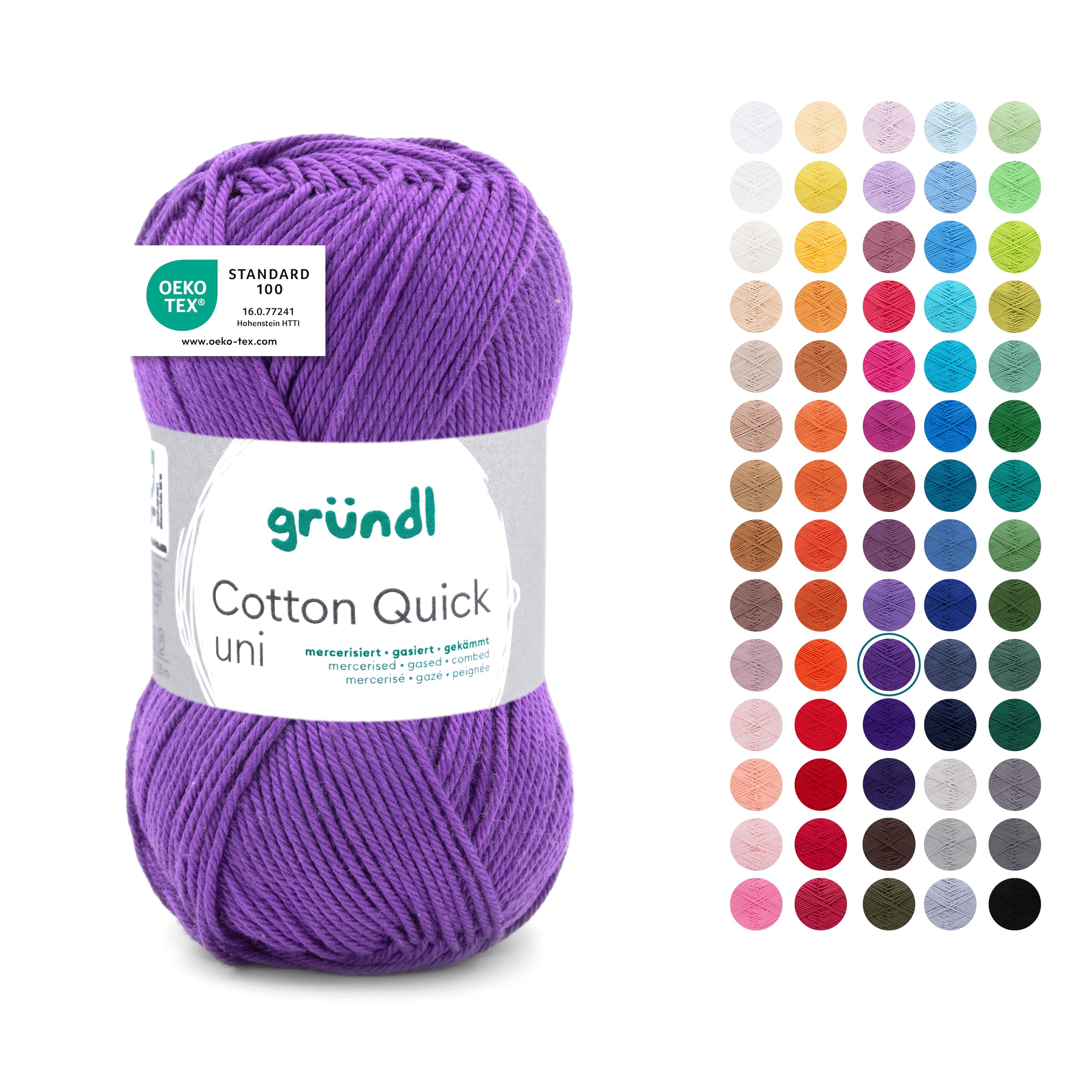 Gründl Wolle Cotton Quick uni - dünne Wolle zum Häkeln - Strickgarn - Häkelgarn - Glänzend und hautfreundlich - 100% Baumwolle - 1 Knäuel 50 g / 125 m - Nadelstärke 3-4 - Violett