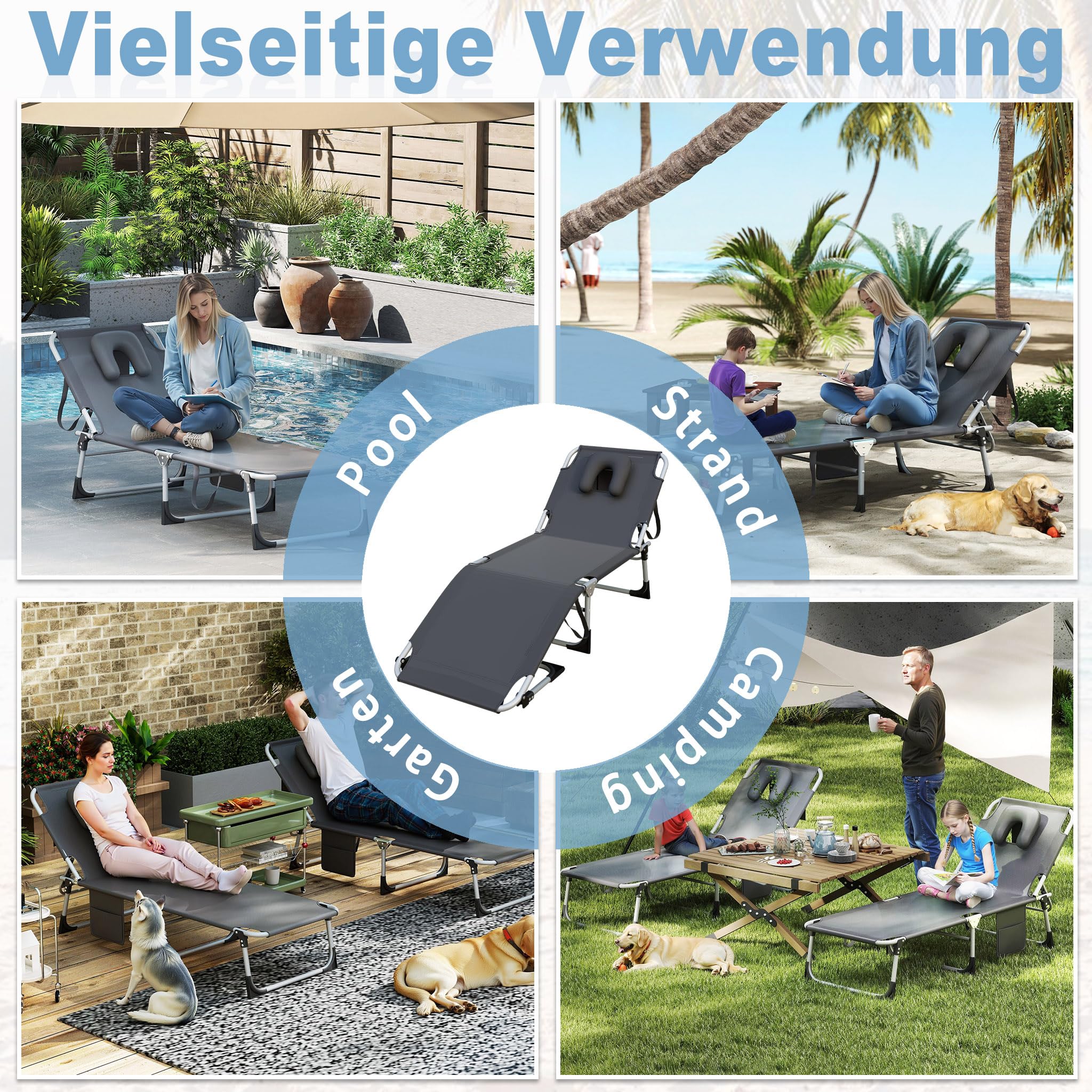 AufuN Sonnenliege Faltbare mit Gesichtsöffnung bis 160kg, 2pcs Strandliege mit Kopfkissen & Tragegriffe & Seitentasche, 3-Fach Verstellbare Liegefläche, Gartenliege für Strandurlaub,Dunkelgrau
