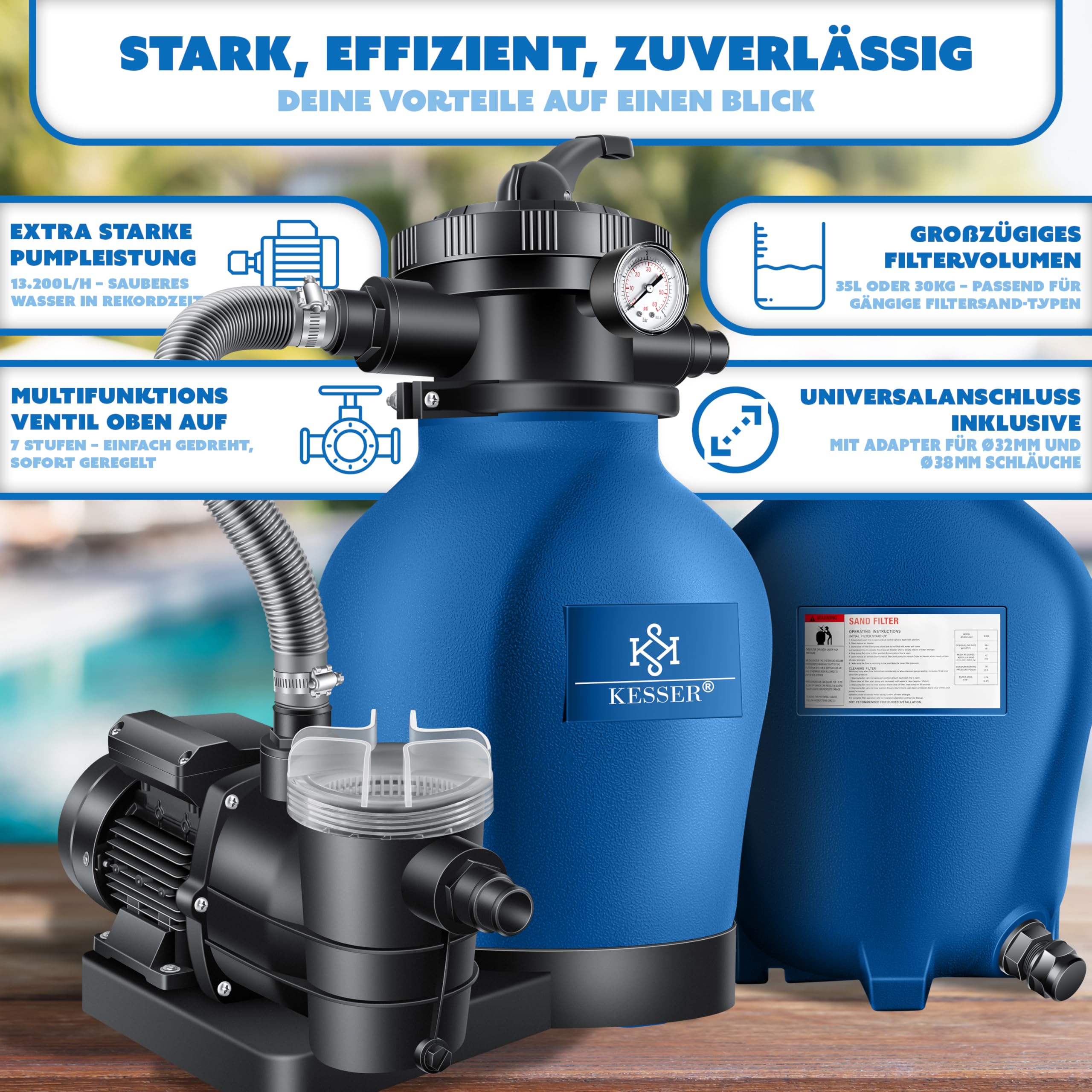 KESSER® Sandfilteranlage mit Pumpe & 1200g Filterbälle | Poolfilter 600W | Sandfilter für Pool 13200L/h Durchfluss | Tankvolumen bis 30kg Sand | 7-Wege Ventil mit Druckmanometer, Abdeckung & Zubehör