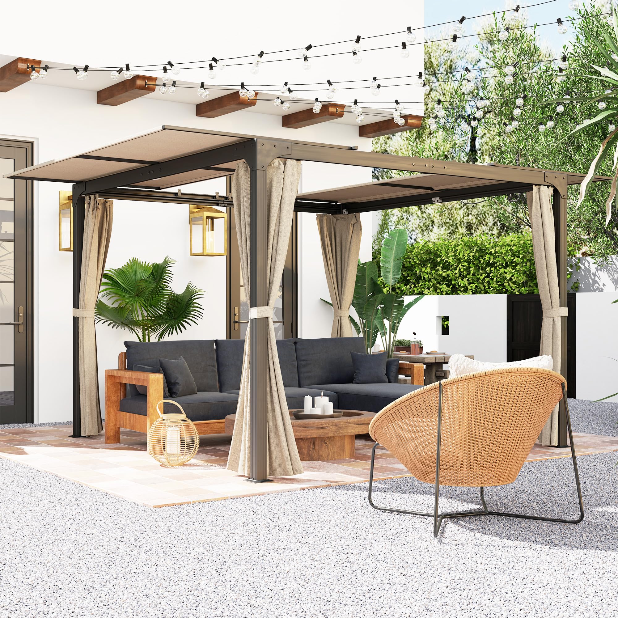 Outsunny Pérgola de Aluminio 4,2x3 m con Techo Corredizo Beige y Negro | Cenador de Jardín, Gazebo, 4 Paredes Laterales, Orificios de Drenaje, Pabellón para Patio Terraza