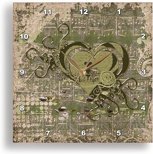 Miniatura 2 de 3dRose Wall Clock Silent - 10 inch - Metal Vintage Look Heart, Music Notes, and Flora, Gray Green, Brown - Heart Design