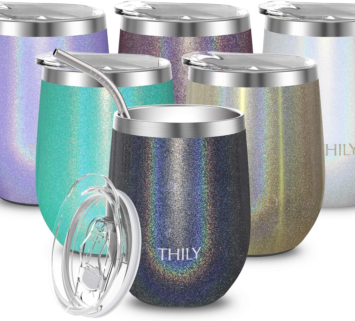 THILY 12oz Insulated Stainless Steel Wine Tumbler with Lid & Straw – Stemless Travel Cup for Coffee, Beer, Wine – Hot/Cold Drinks – Glitter Gray