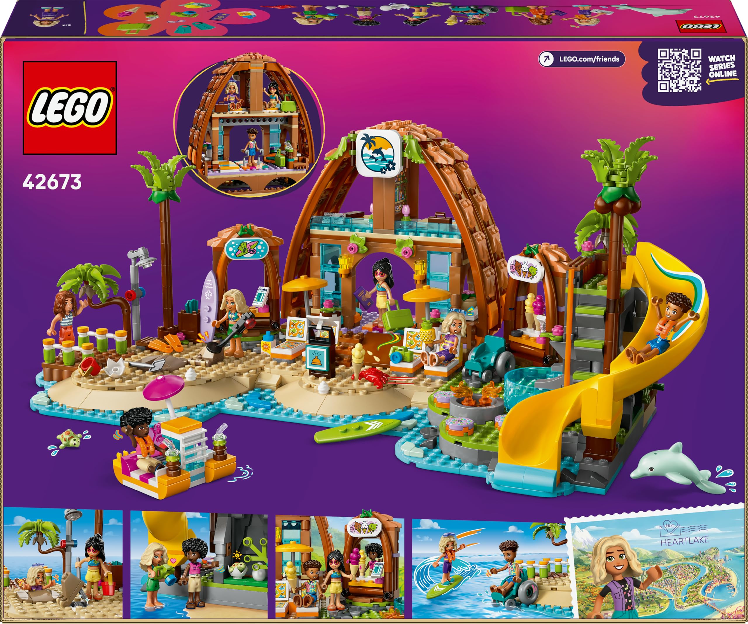 LEGO Friends Hotel de Vacaciones Familiares en la Playa - Juguete con 6 Mini Muñecas, Figuras de Animales (Tortuga y Delfín), Heladería y Accesorios - Regalo para Niñas de 8+ Años 42673