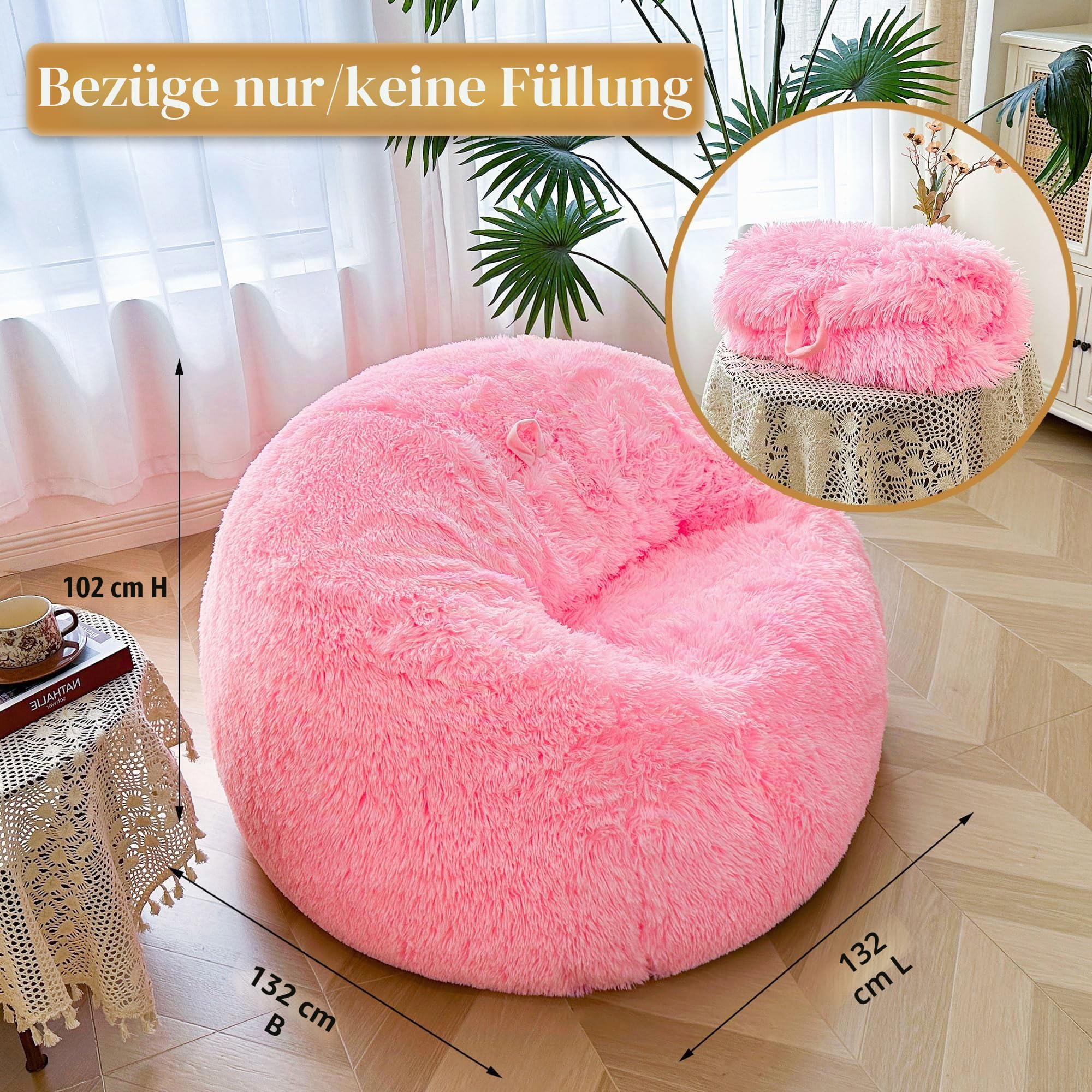 XeGe 5FT Riesenflauschige Sitzsackhülle (ohne Füllung), Ultrasoft Kunstfell Sitzsack zur Plüschtieraufbewahrung, XL Großer Lazy Sofa Sitzsack für Erwachsene Kinder Teens Mädchen, rutschfest, Rosa