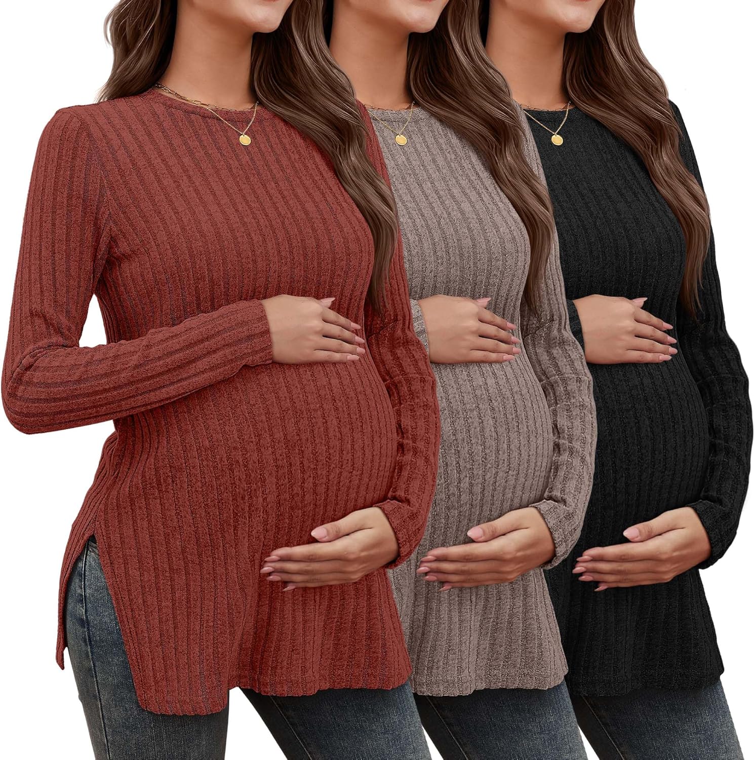 3 Pack Women's Maternity Shirts, Ribbed Long Sleeve Pregnancy Sweaters Knit Split Side Crew Neck Tunic Tees Tops