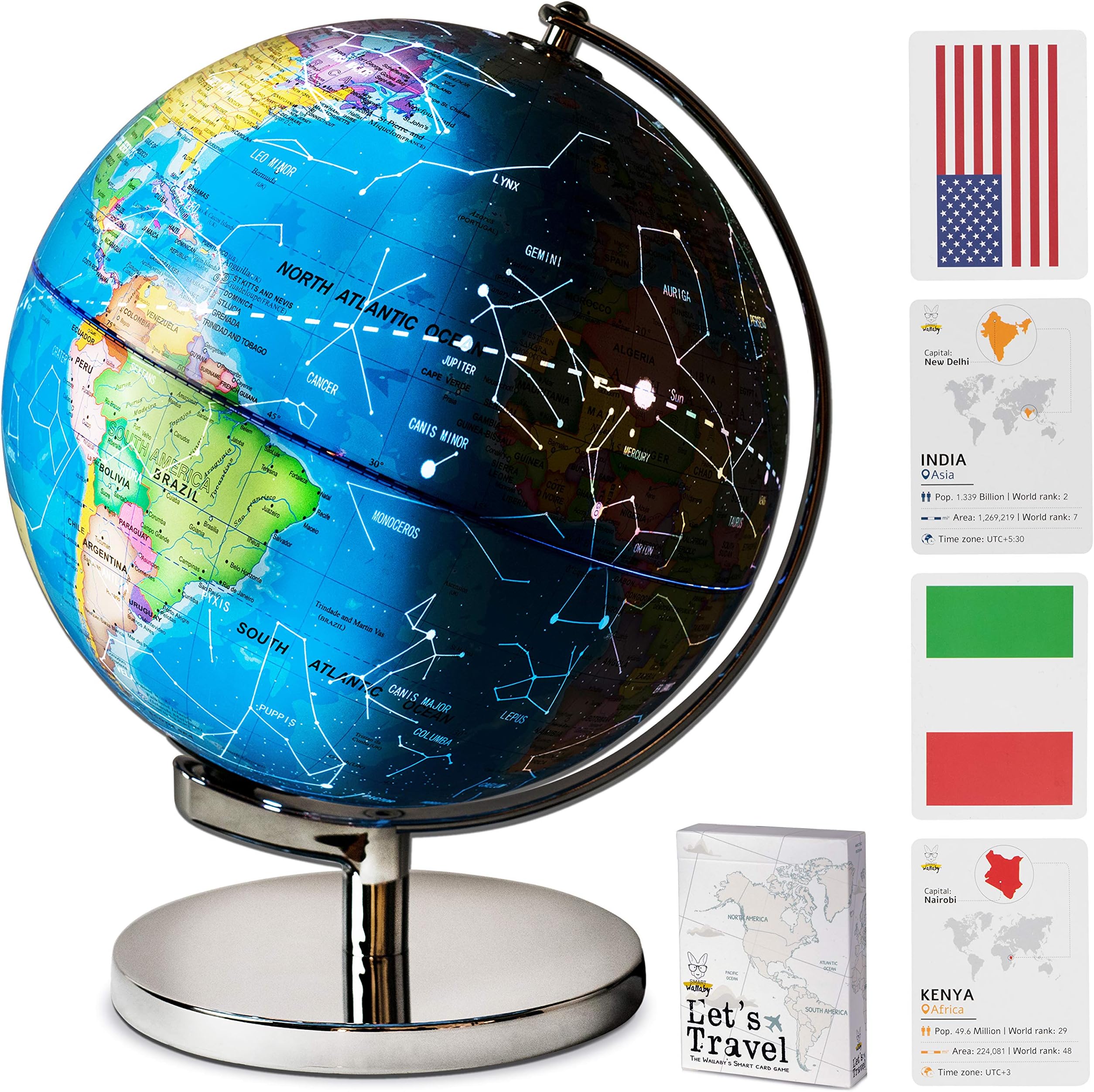 9" Illuminated Educational Kids World Globe + STEM Flags & Countries Interactive Card Game. 3 in 1 Children Desktop Spinning Earth Political & Constellation Maps, LED Night Light Lamp