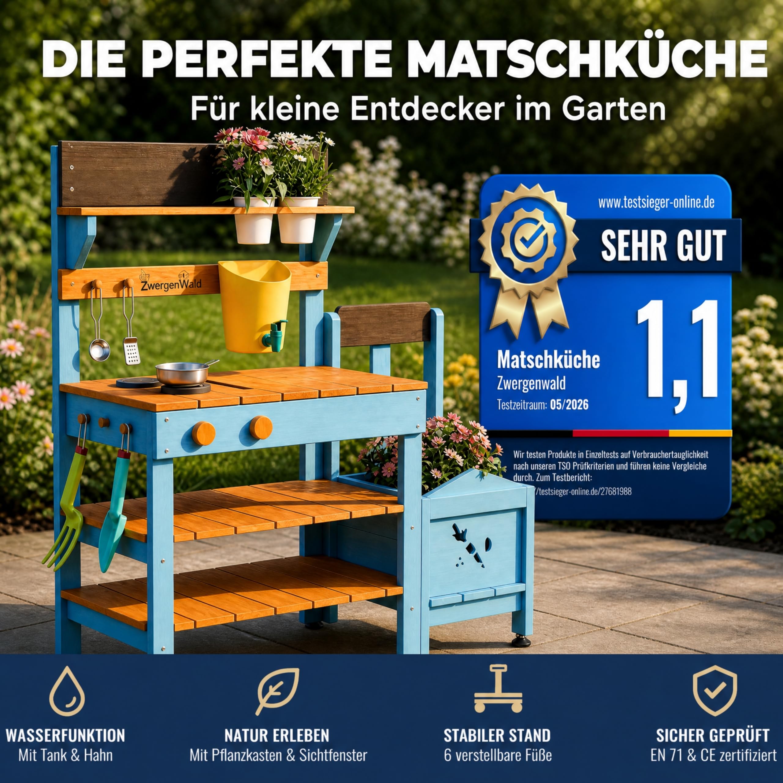 Matschküche Kinder Outdoor mit Wassertank & Spülbecken, mit Pflanzkasten, Mud Kitchen Holz, Spielküche Outdoor Höhenverstellbar, Matschtisch Kinder, Kinderküche Holz Wetterfest