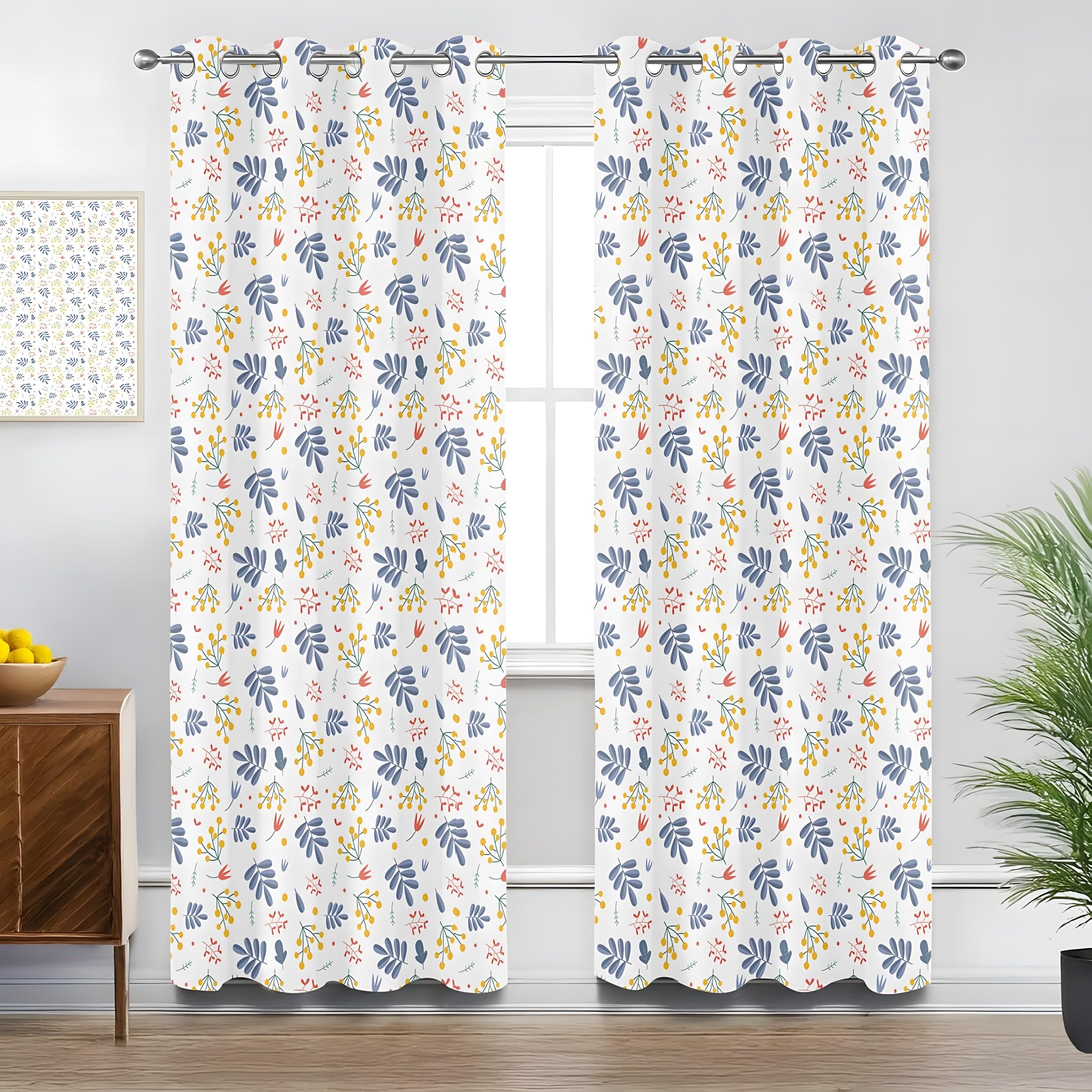 Plantas Amarillas y Azules Cortinas Opacas Paquete de 2, Estilo Fresco y Natural Cortina, Puede Proteger Contra el Frío y el Calor, Adecuadas Para Dormitorios y Salas de Estar, 140An x 220Al cm