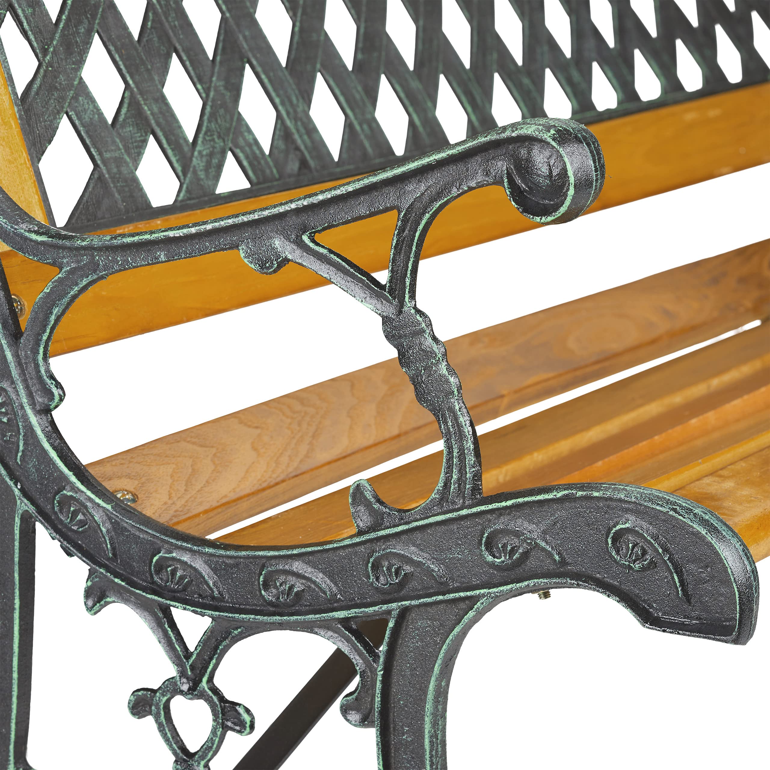 Relaxdays Ławka ogrodowa, 2-osobowa, drewno i żeliwo, balkon i taras, rustykalna ławka do siedzenia, wys. x szer. x gł.: 73 x 125 x 52 cm, naturalna/zielona