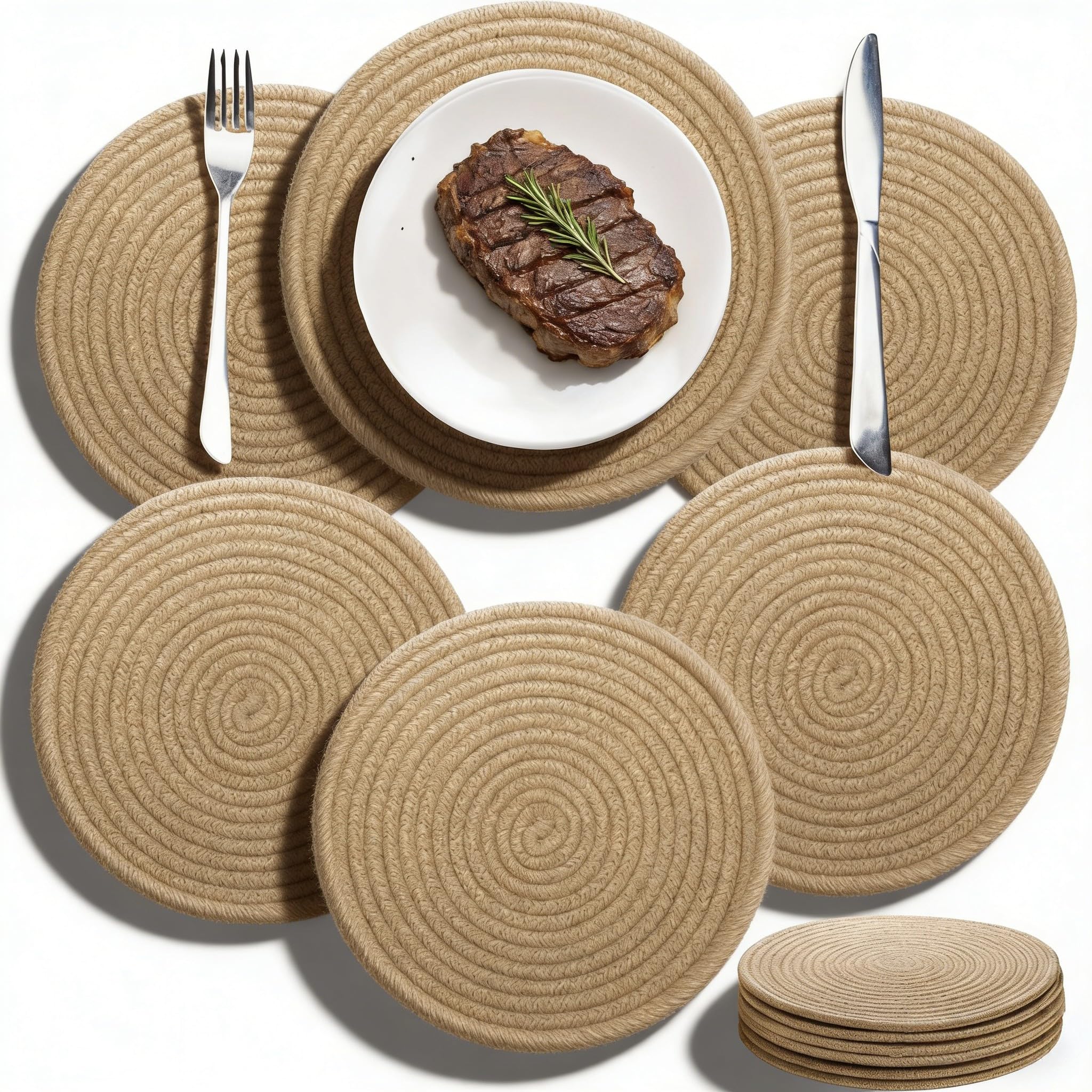 Noamus 6 Pack Round Woven Placemats, 30cm/12 Inch Jute Braided Place Mats, Natural Straw Rattan Placemats, Heat Resistant Non-Slip Mat for Kitchen Dining Table, Hot Dishes Bowls Pans Plates Pots